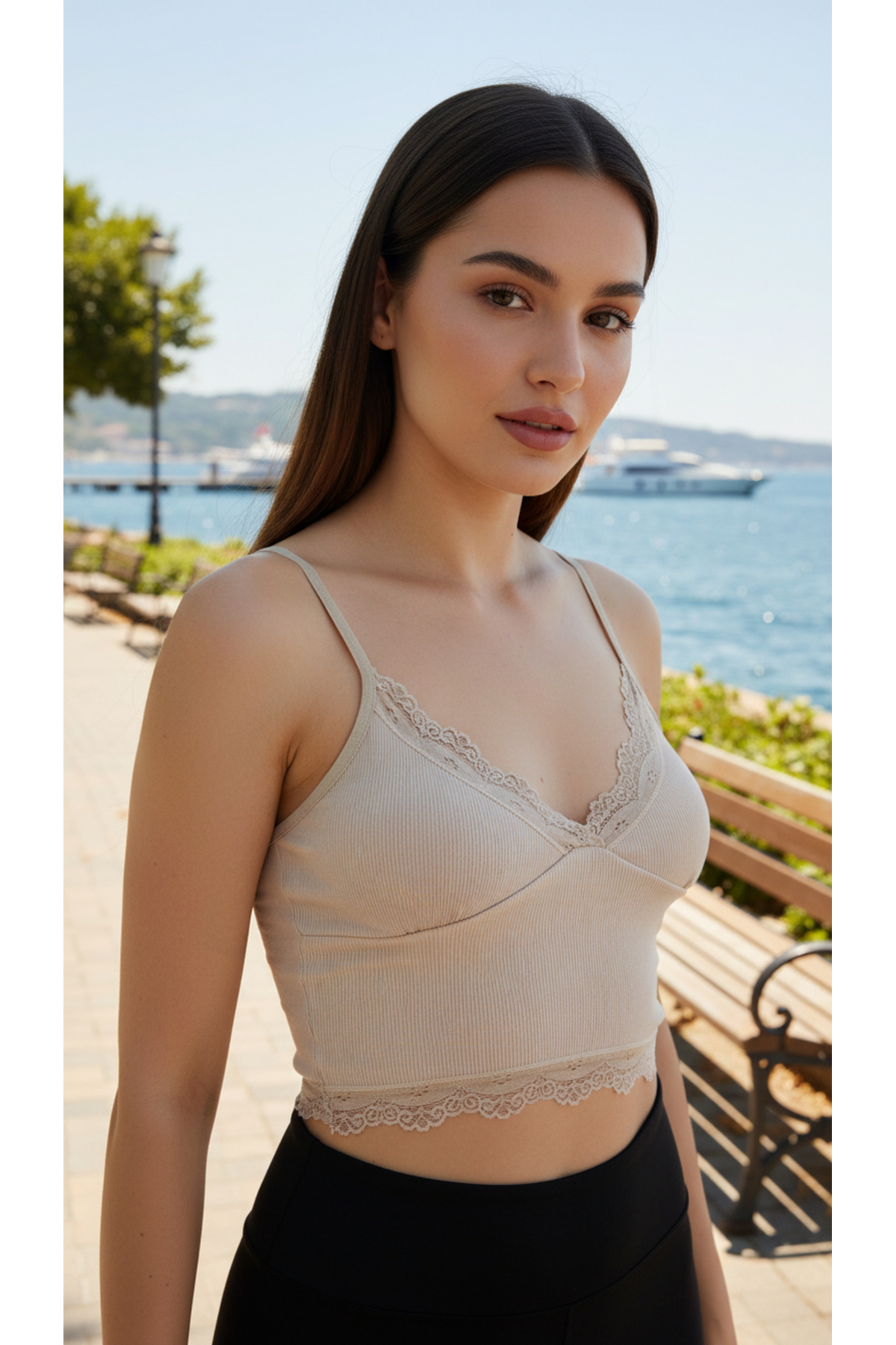 ACTRİS  3'lü Crop Takım Askılı Dantelli Pedli Büstiyer Bralet %95 Pamuk (1- Haki-Yeşil, 1-Taş, 1-Siyah) - Görsel 5