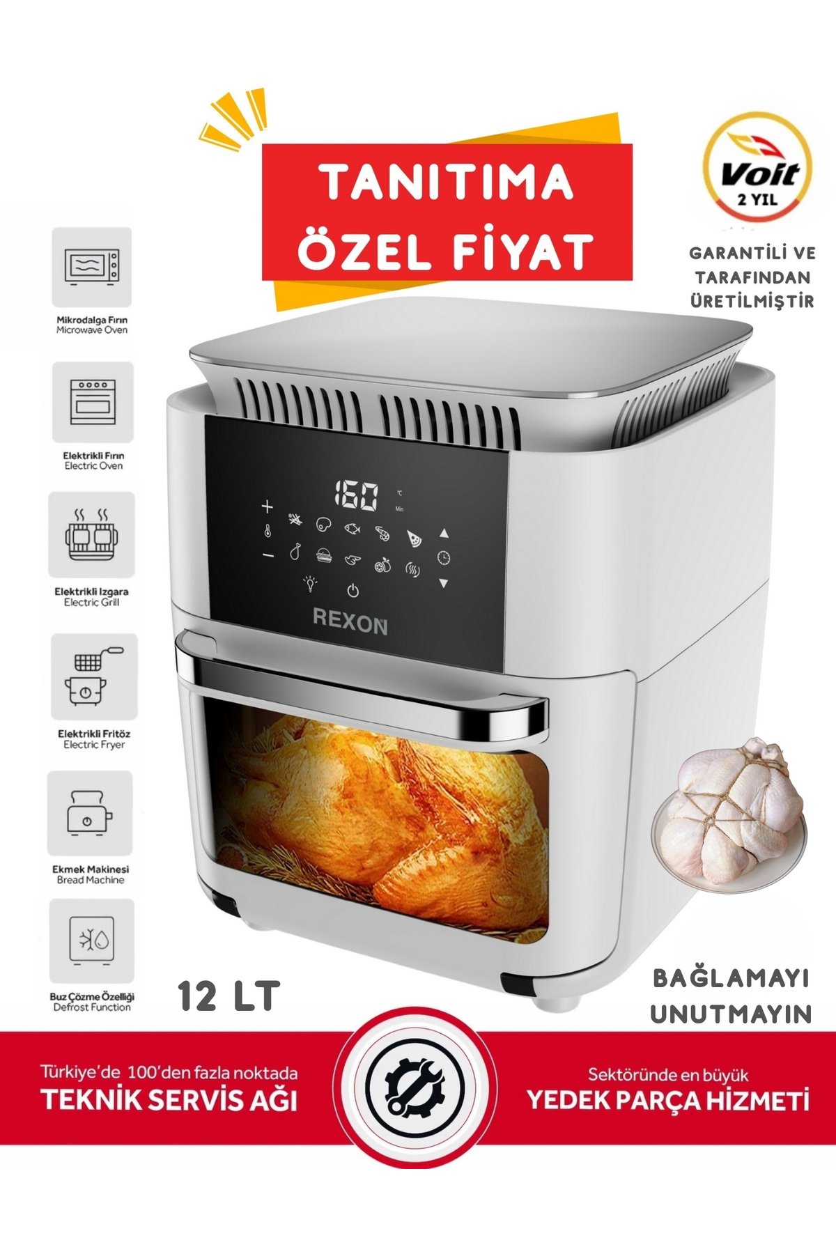 Rexon Xxl AirFryer Yağsız Fritöz Tavuk Çevirme Izgara 360° Dönüş 12 LT Kapasite 7 Farklı Aparat BEYAZ