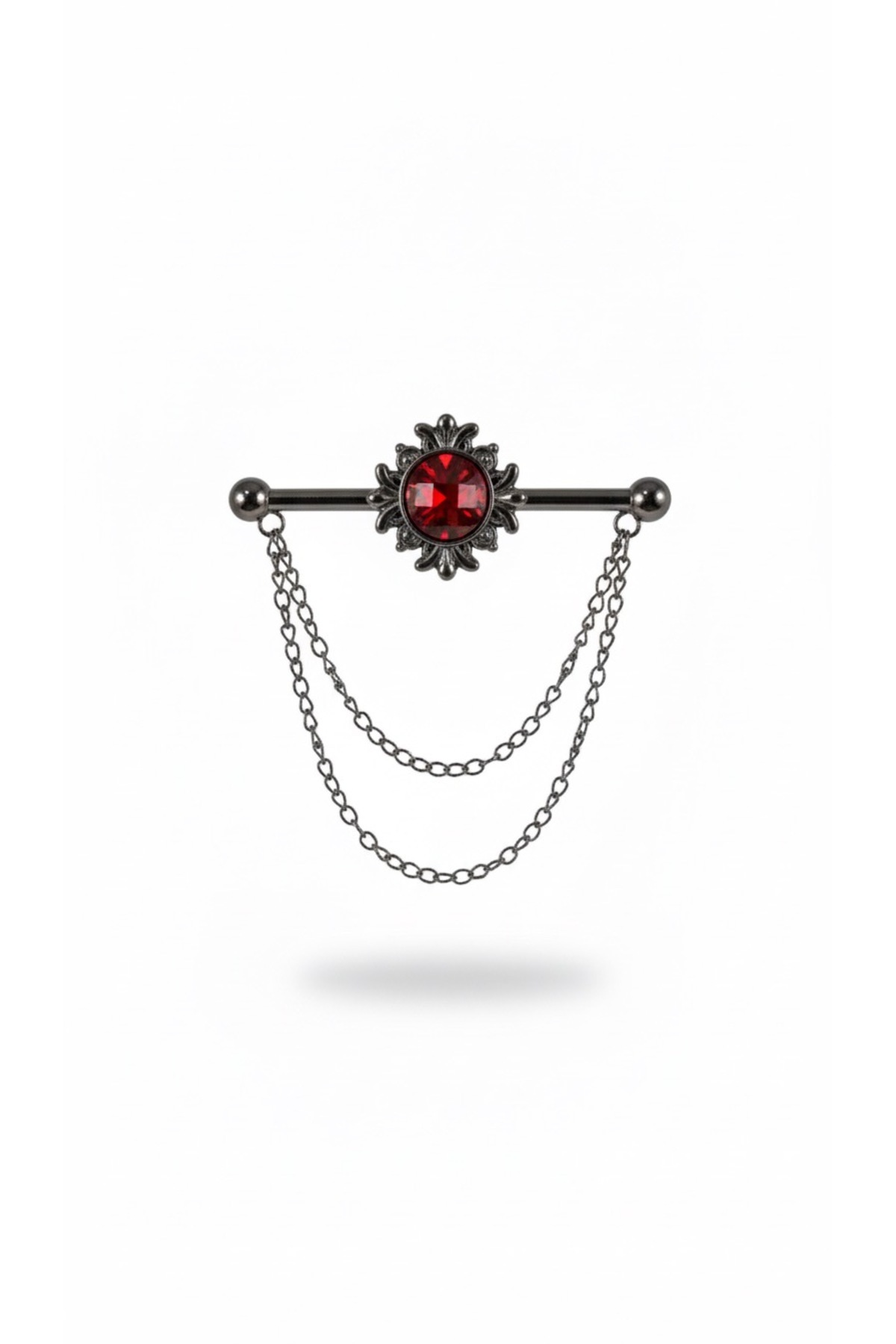  سنجاق یقه قاب‌دار نقره‌ای-خاکستری تیره با سنگ‌های قرمز، مناسب برای هر پیراهنی.