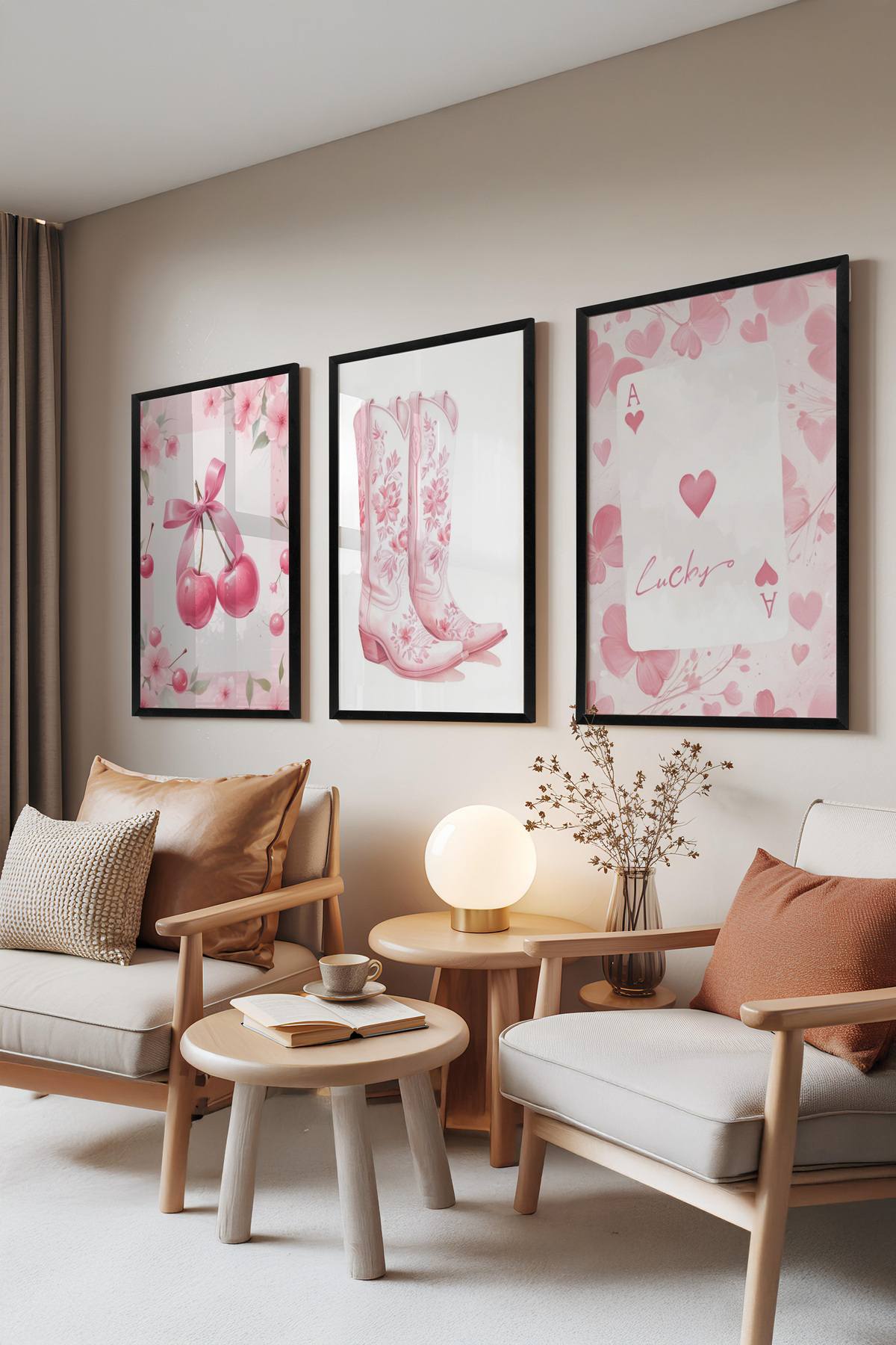 3-Piece Painting Set with Black Frame, Lucky Cherry – Pink Country Style, Young Room Set No: 30103