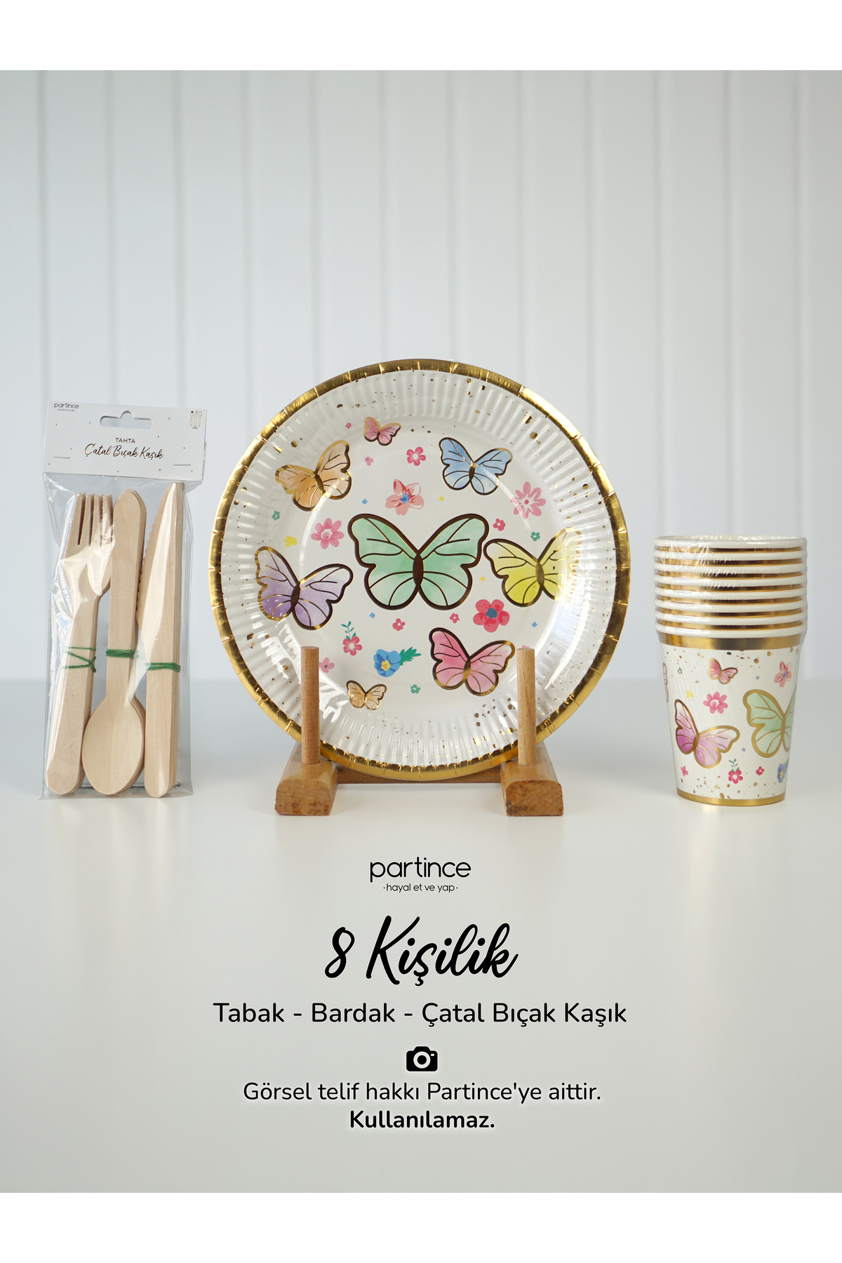 partince 8 Kişilik Makaron Kelebek Tema Kullan At Karton Tabak Bardak Çatal Kaşık Bıçak Yaldızlı Parti Seti