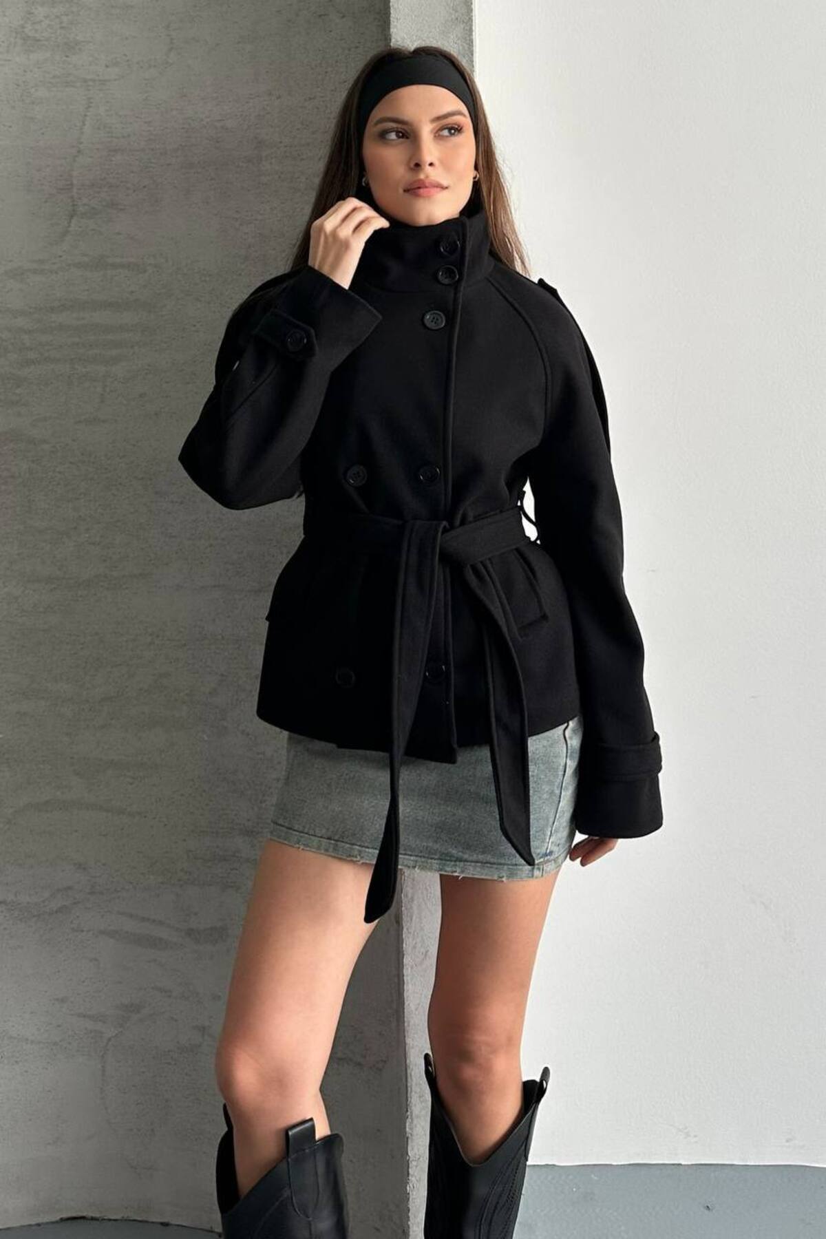 gm giyimarket Kadın Kuşaklı Cepli Belden Bağlamalı Dik Yaka Kaşe Kaban