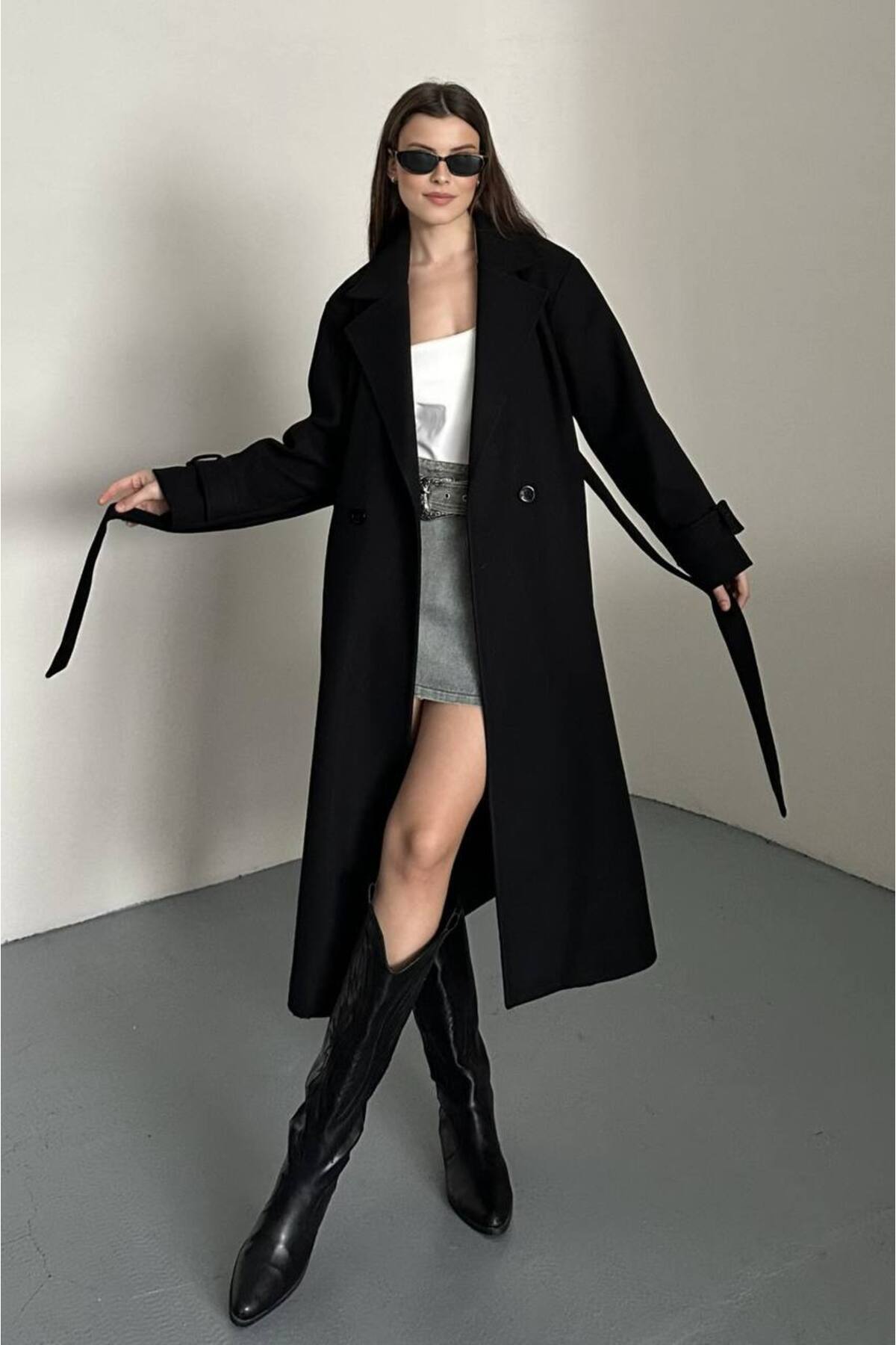 gm giyimarket  Belden Bağlamalı Diz Boyu Cepli Kaşe Kadın Kaban - Görsel 4