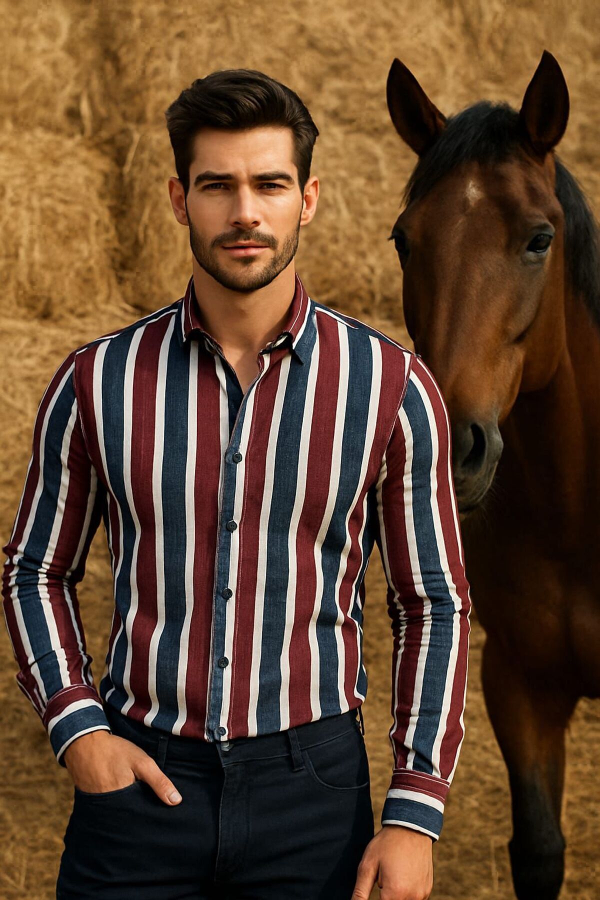 Erkek Slim Fit Kesim Kırmızı Lacivert Çizgili Uzun Kollu Gömlek — قرمز MGLD-7078