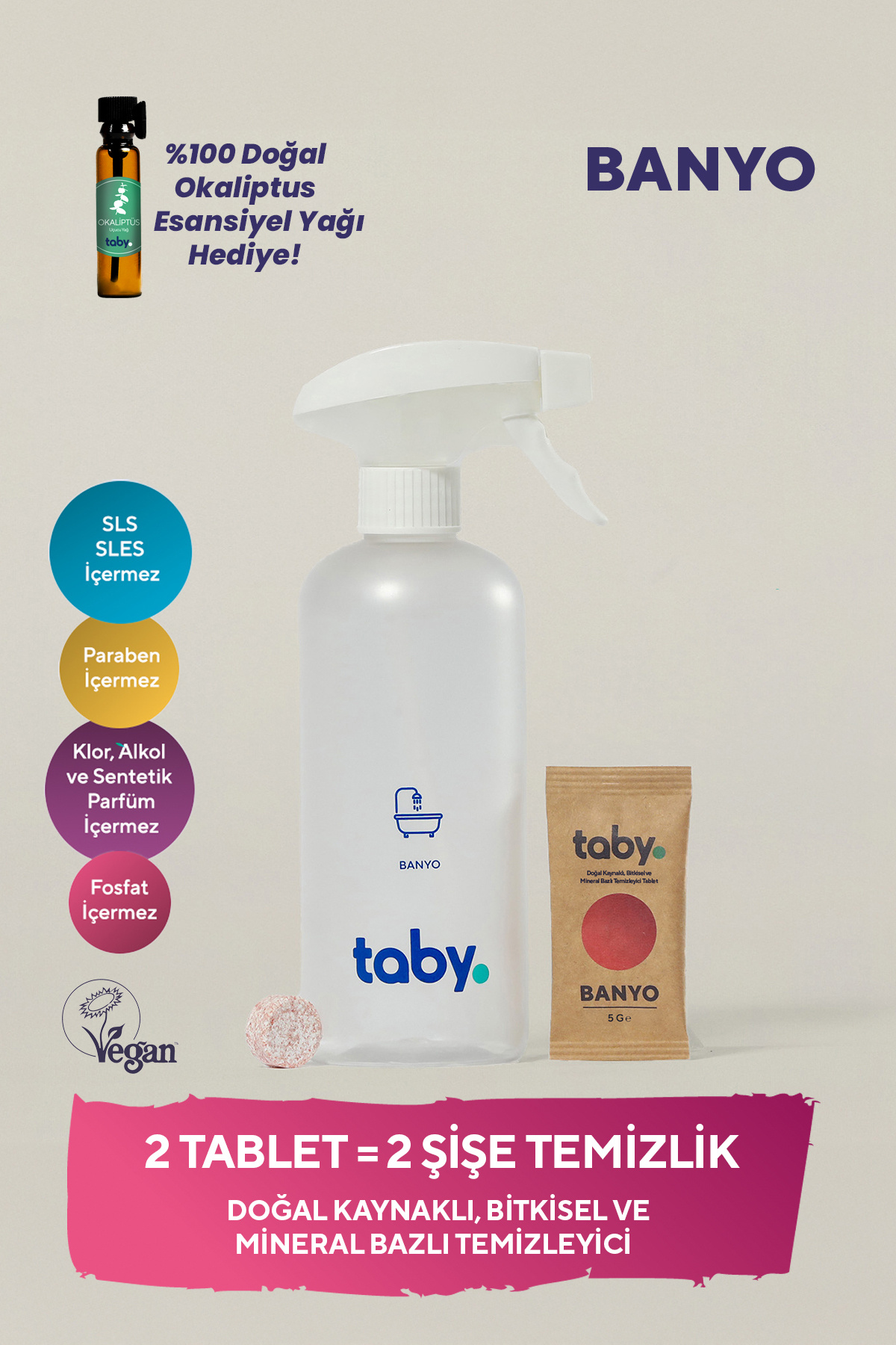 TABY Doğal Kaynaklı Bitkisel ve Mineral Bazlı Banyo Temizleyici Başlangıç Seti-Kireç Sökücü-1Şişe+2Tablet