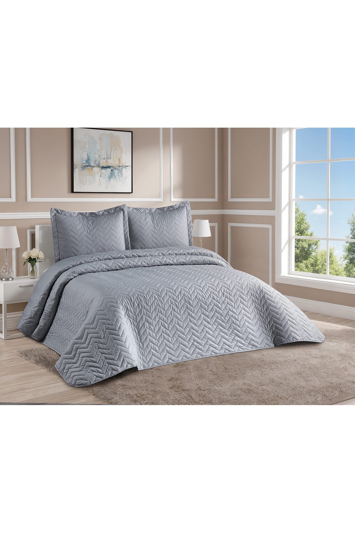 Emily Grey Double Quilted Bedspread from Embroidered Manufacturer