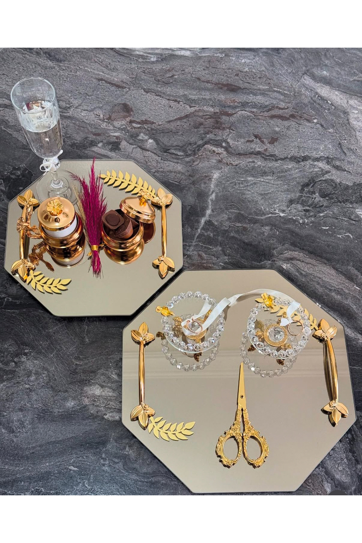 MODERN ALTIN RENK Nişan Söz Damat Türk Kahvesi Tepsisi Makas Yüzüklük Fincan Lokumluk Fincanlık Set