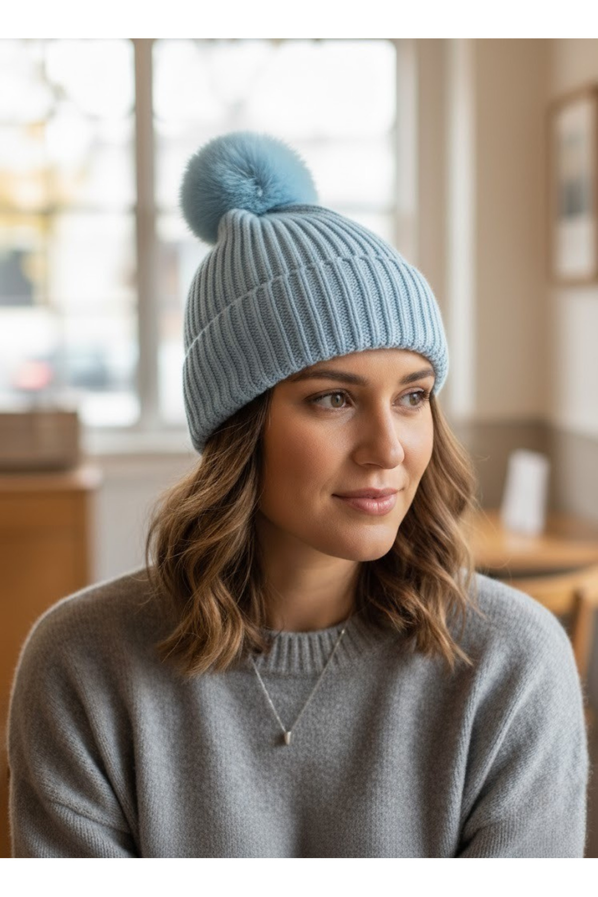 Ice Blue Braided Folded Pompom Beanie