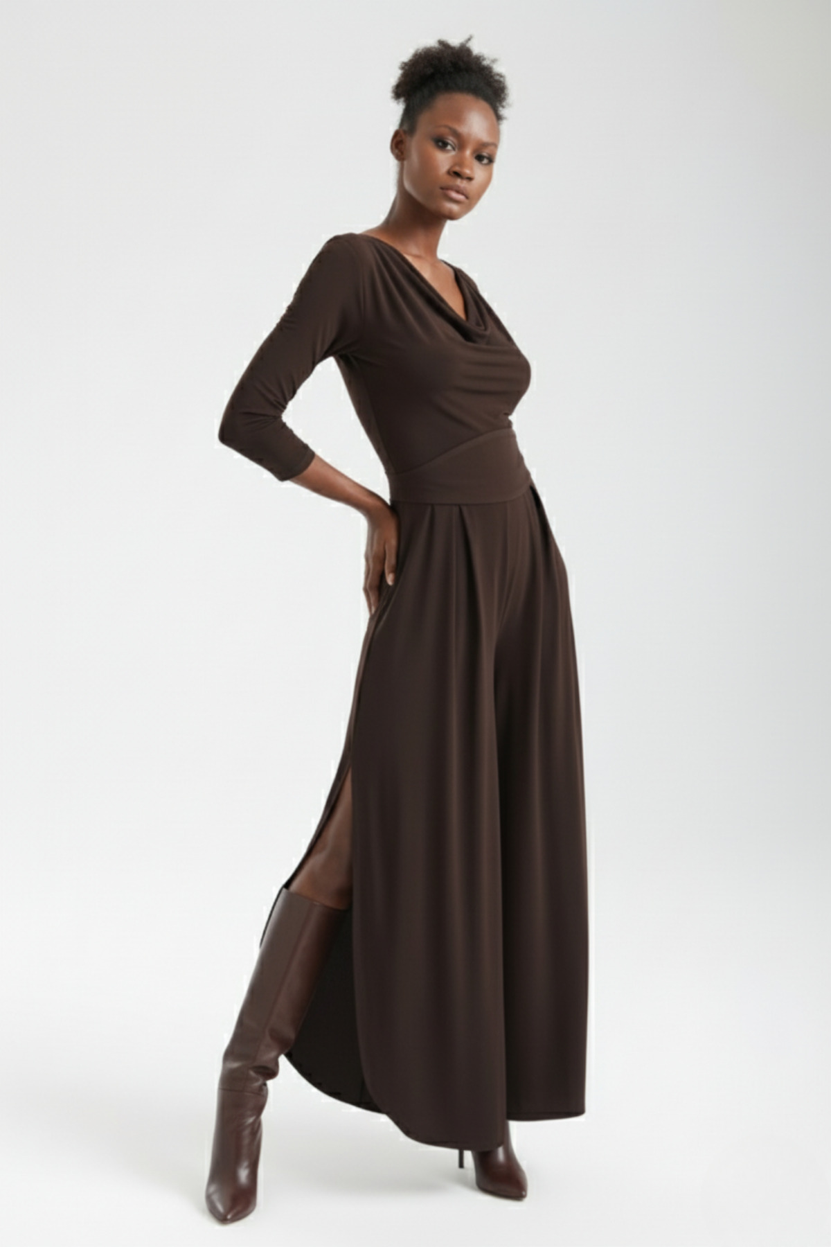 Women's Coffee Degage Collar Slit Detailed Self Fabric Portable Belted Jumpsuit Day Night Shirt