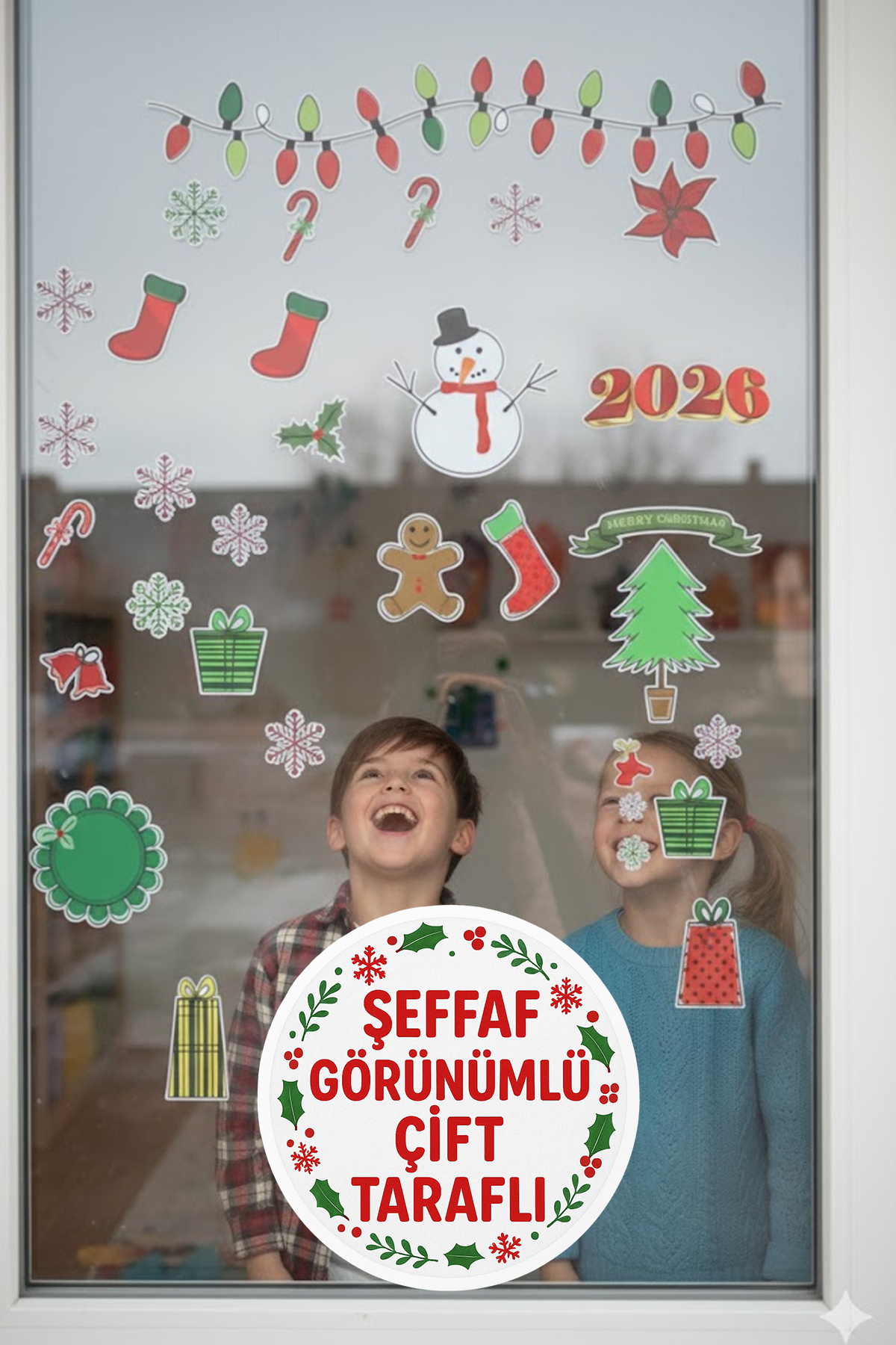 New Year Christmas Figures Welcome 2026 New Season Transparent Double Sided Glass Door Wall Sticker Set