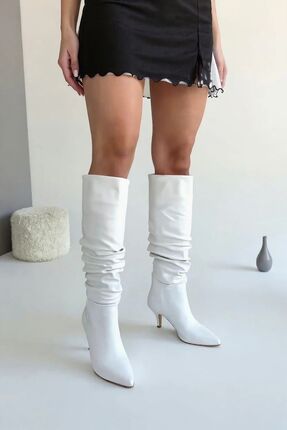 Difolia Topuklu Cilt Kadın Çizme - Vern Beyaz Diz Altı Körüklü Kovboy Çizme B...