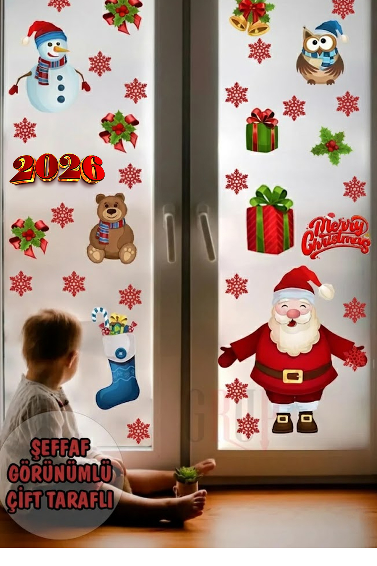 New Year Christmas Figures Welcome 2026 New Season Transparent Double Sided Glass Door Wall Sticker Set
