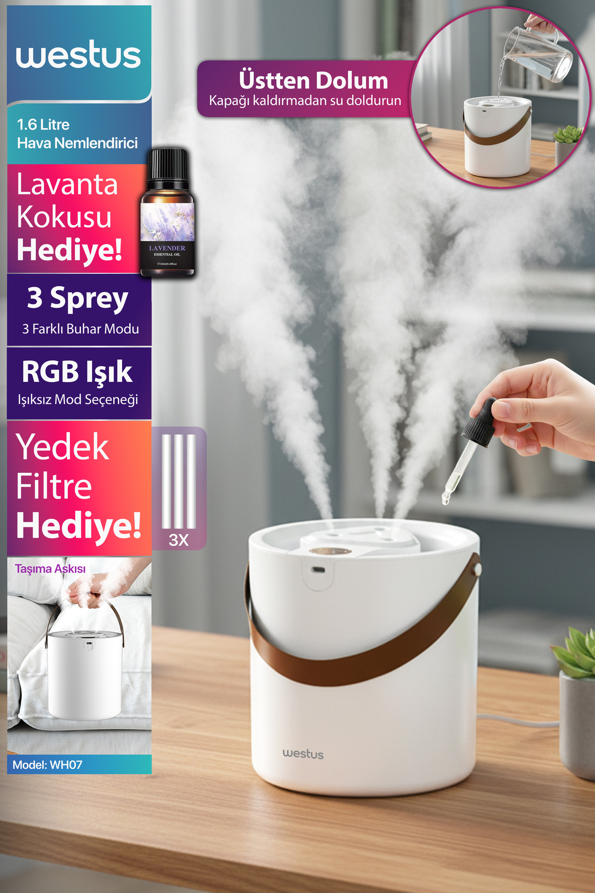 Westus 1.6 Litre Hava Oda Nemlendirici Buhar Makinesi Ultrasonik Aroma Difüzör - Koku + Filtre Hediye
