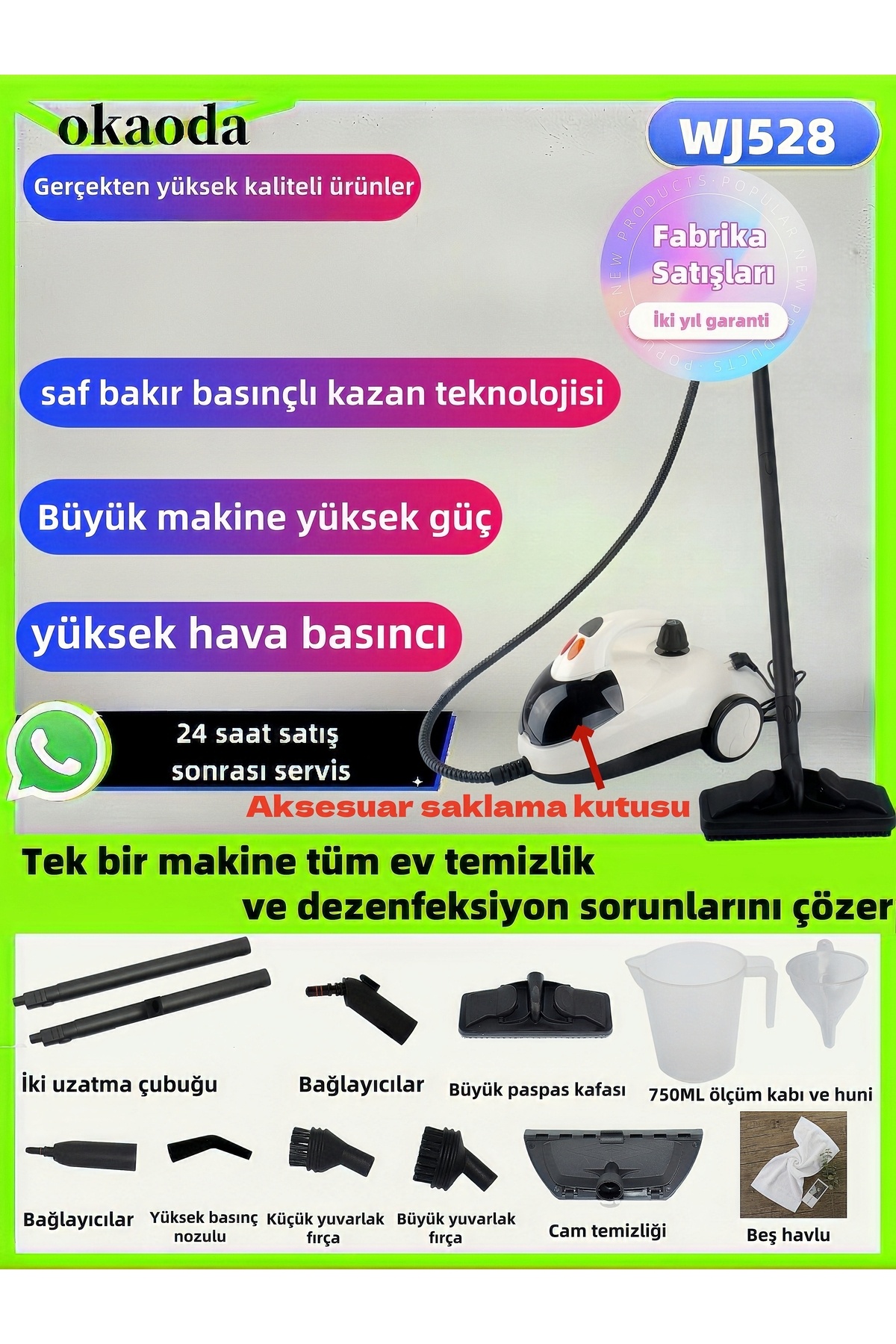 okaoda Çok Fonksiyonlu Buharlı Temizlik Makinası Dezenfeksiyon, Paspaslama, Ütüleme, Pencere Temizliği