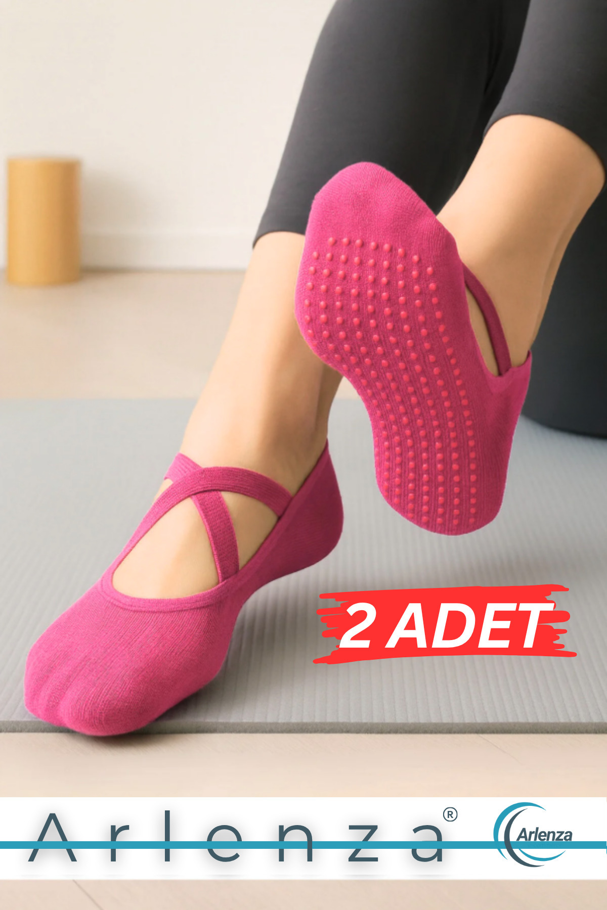 Jusmart 2 Adet Fuşya Kadın Babet Çorap ◆ Pamuklu Kaymaz Silikon Taban ◆ Yoga Pilates Tavaf Dans