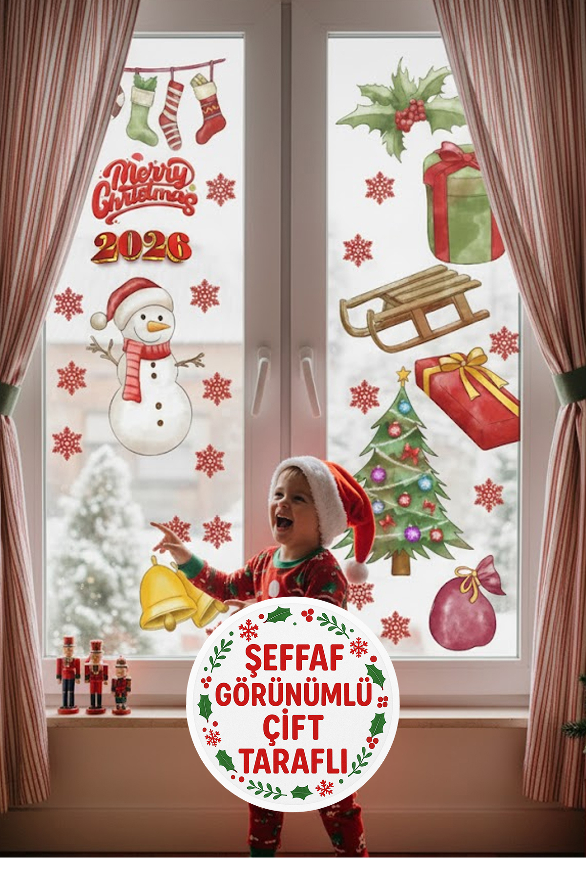 New Year Christmas Figures Welcome 2026 New Season Transparent Double Sided Glass Door Wall Sticker Set