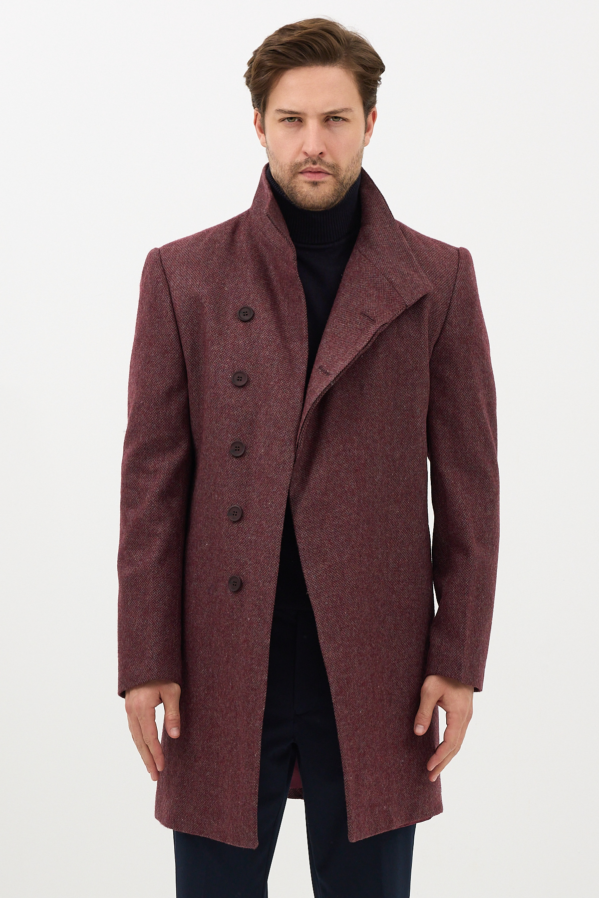 Frappoli Liberto Erkek Bordo Şal Yaka Slim Fit Kaşe Kaban görsel 6