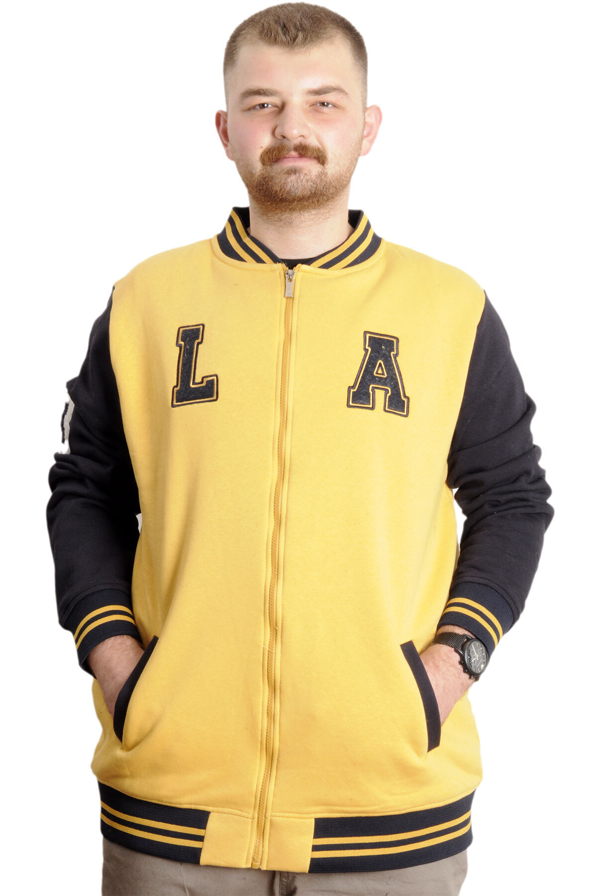 Plus Size Men's College Coat Embroidered Jacket 23632 Mustard