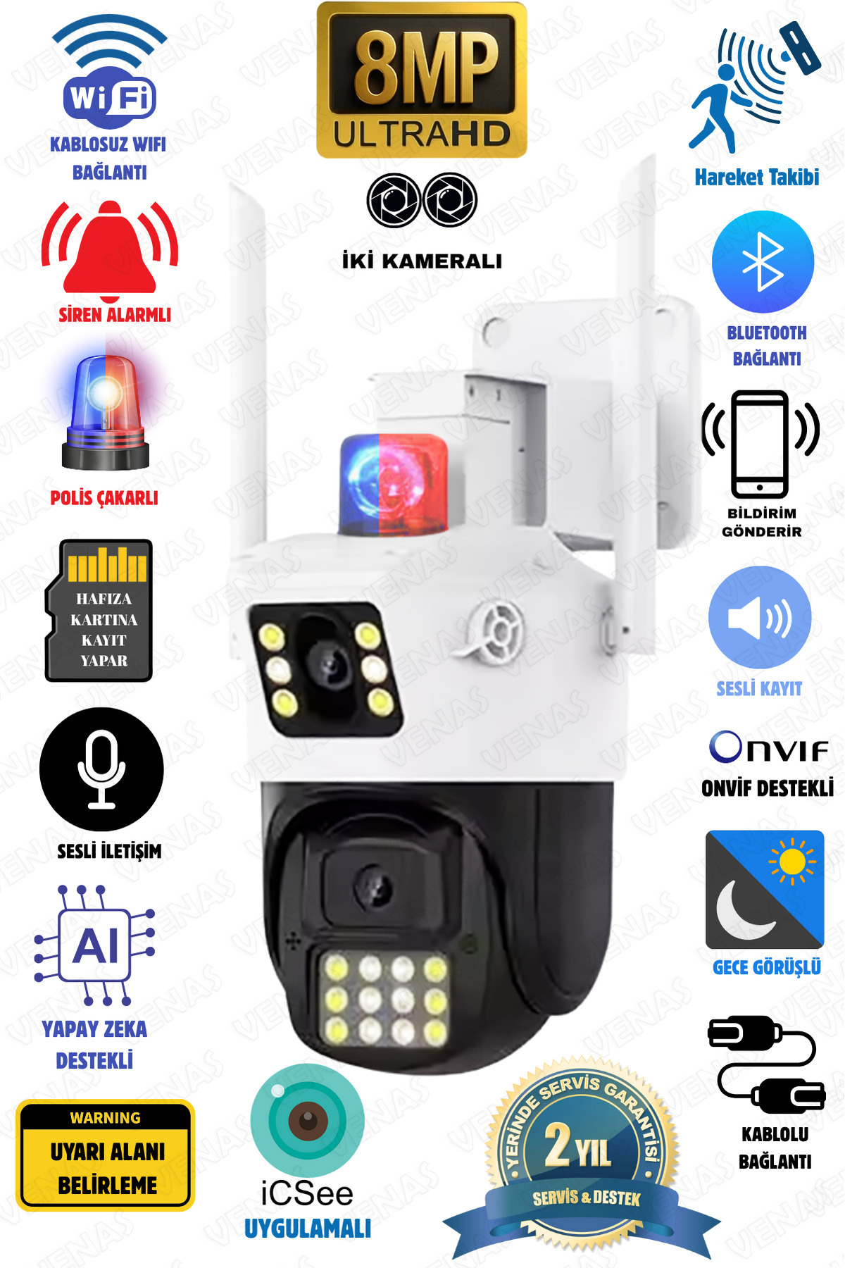 Venas Çift Kameralı Ultra HD Dış Mekan Hareketli Mavi kırmızı ışıklı Kablosuz wifi Güvenlik kamerası