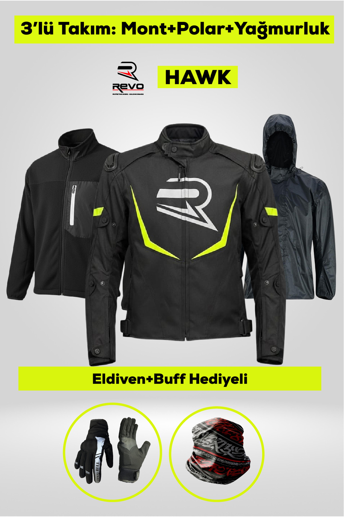 REVO HAWK Neon Sarı 3 Katmanlı 4 Mevsim Unisex Motosiklet Montu + ELDİVEN VE BUFF HEDİYELİ