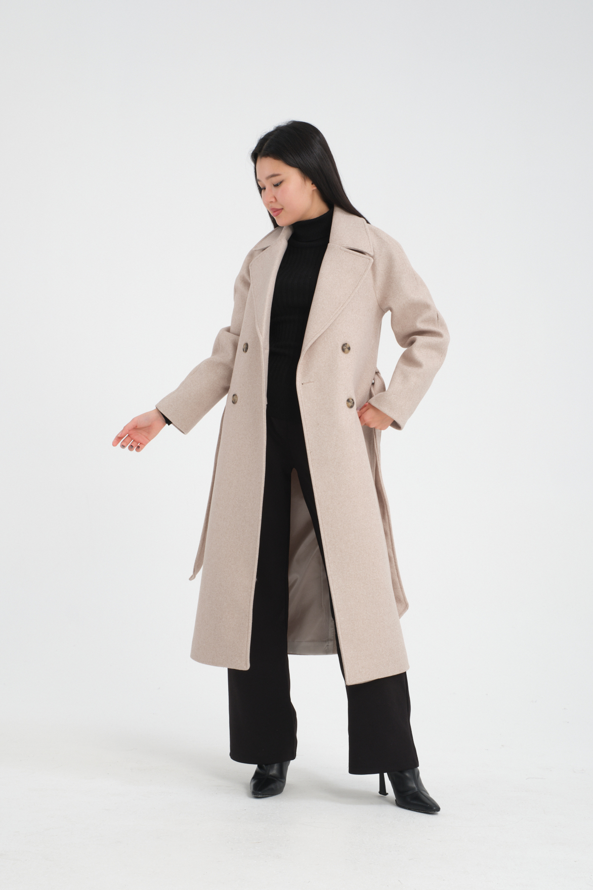 Soydan Güner  Oversize Kruvaze Reglan Kol Ara Boy (120 CM) Kaban Bej 1280 - Görsel 3