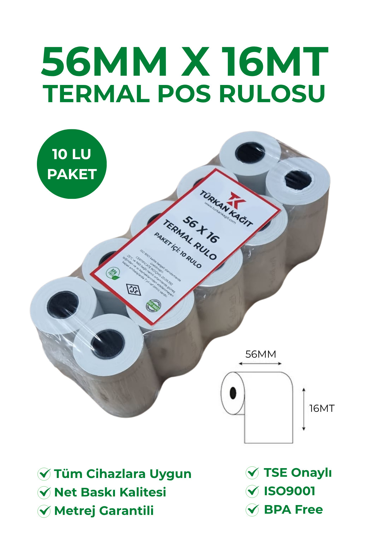 RULORULO 56x16 Termal Rulo Yazarkasa Pos Rulosu 1 Paket 10 Adet BPA Free
