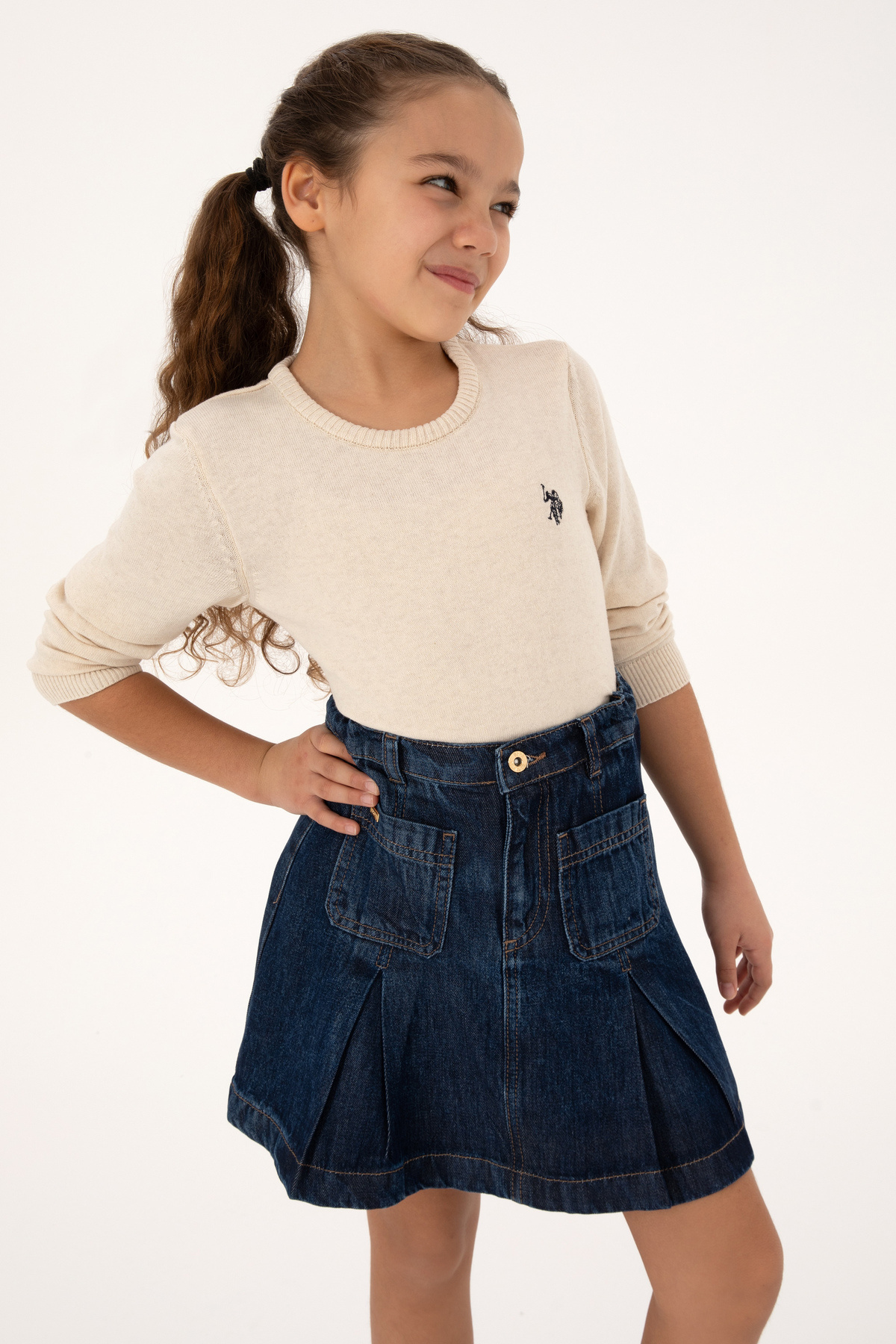 پلیور دخترانه یقه گرد ملانژ کرم رنگ یو اس پولو کد :(50316808-VR159) U.S. Polo Assn.