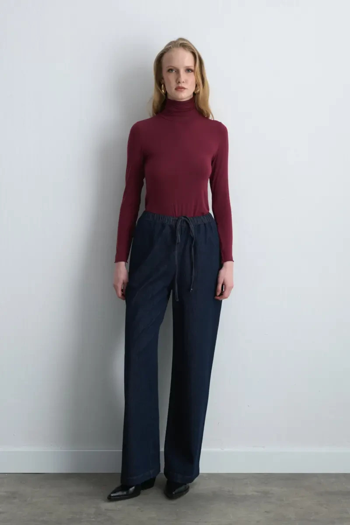 Gusto  Beli Lastikli Bol Paça Denim Pantolon - Mavi