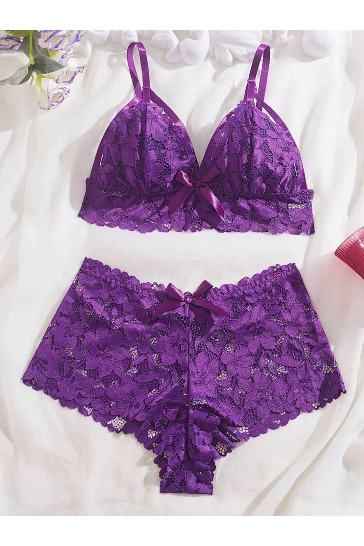 Rose Alexandra  Kadın Mor Fiyonk Detaylı Shortlu İç Çamaşır Takımı - Görsel 6