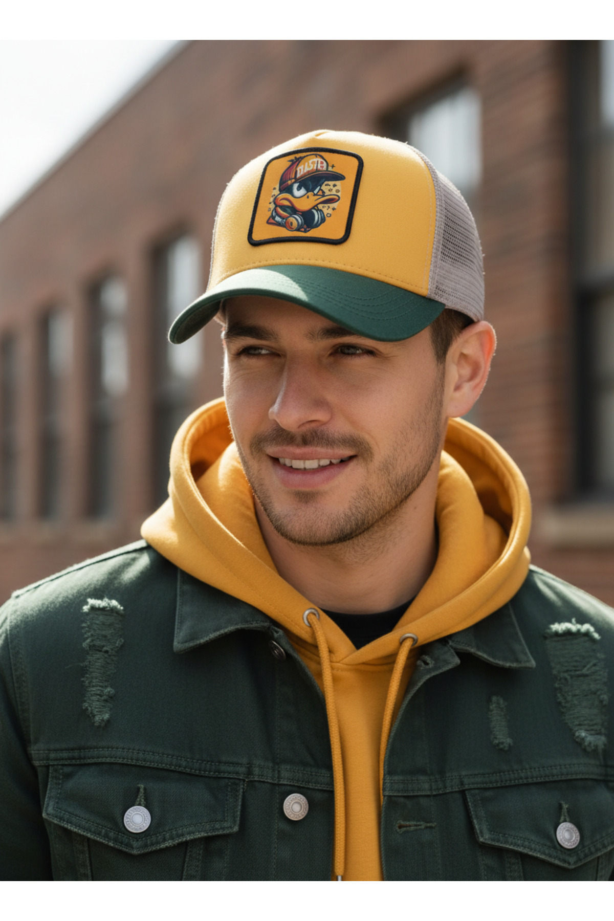 Trucker  Duck2 Model Değiştirilebilir Armalı Fileli Şapka Yeşil Sarı Krem