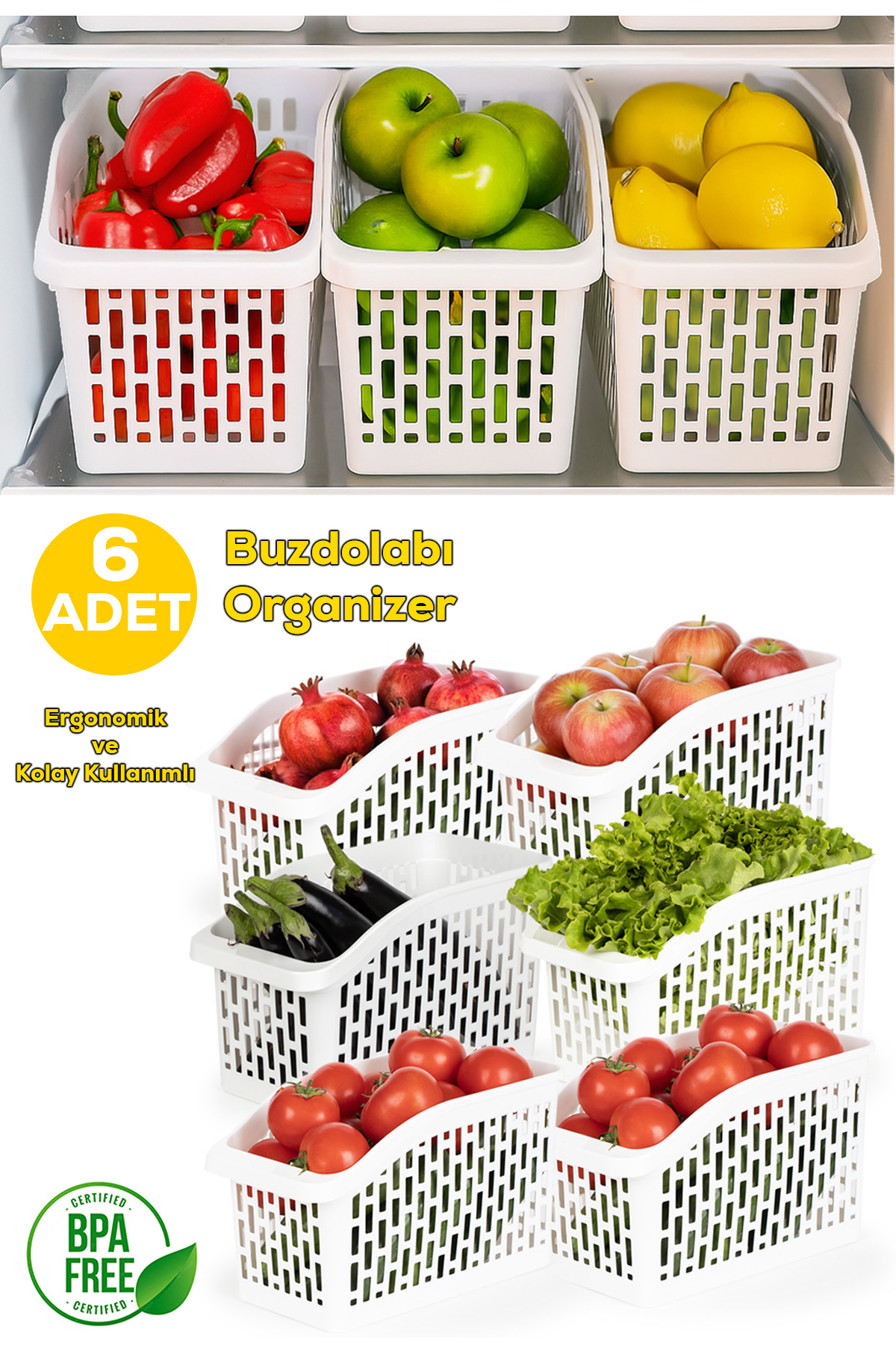 ORG-23 6-Piece Multipurpose Plastic Cabinet Organizer Storage Box Organizer Basket - White