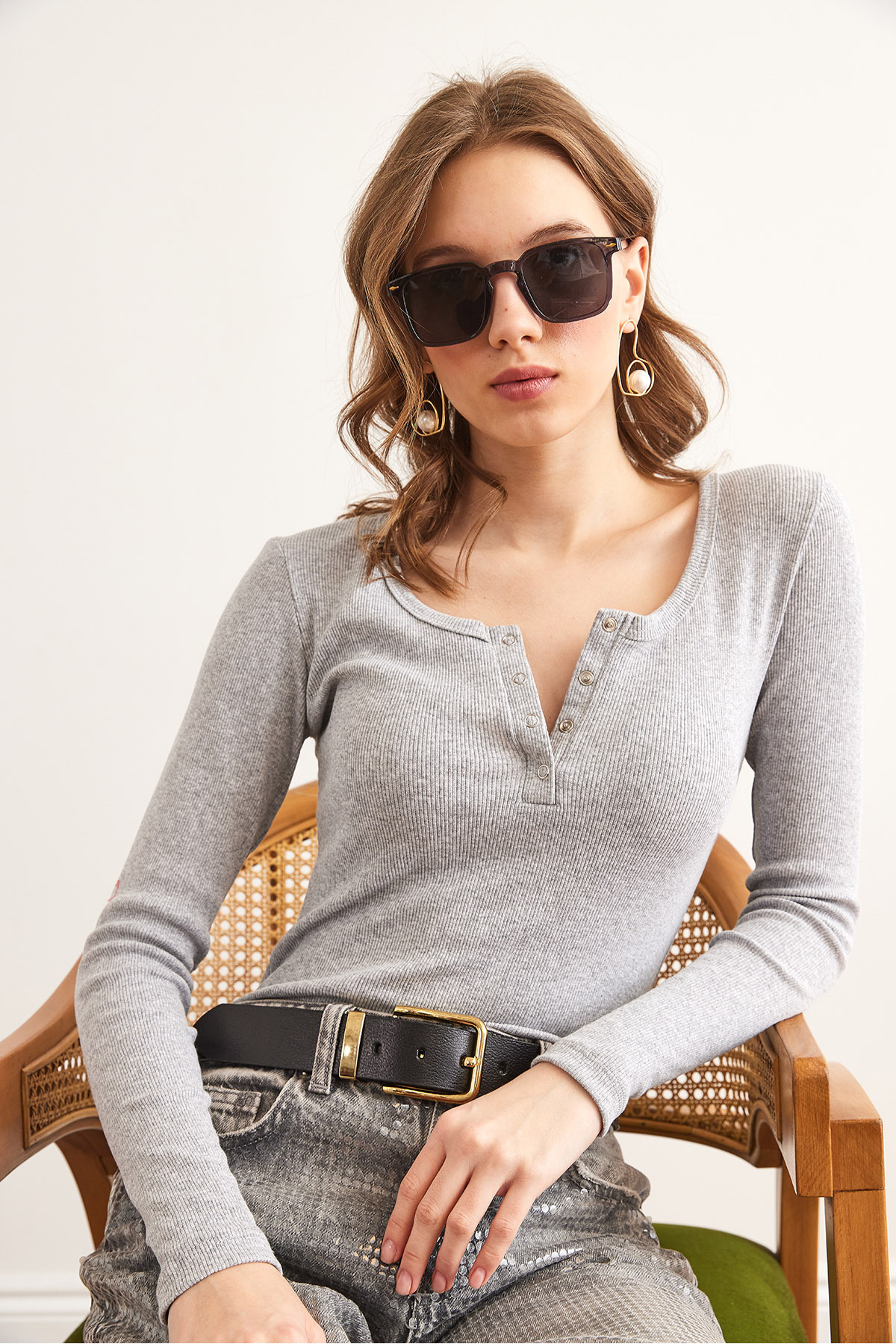 Olalook Kadın Gri Patlı Kaşkorse Bluz BLZ-19000588 görsel 3