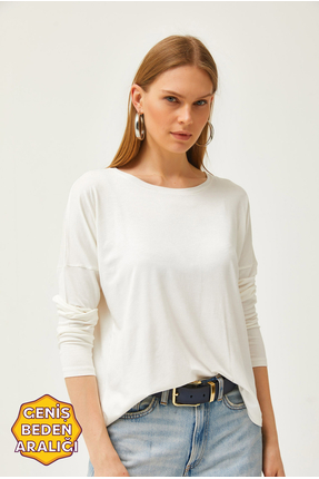 Olalook Kadın Beyaz Bisiklet Yaka Yarasa Dökümlü Viskon Bluz BLZ-19002588