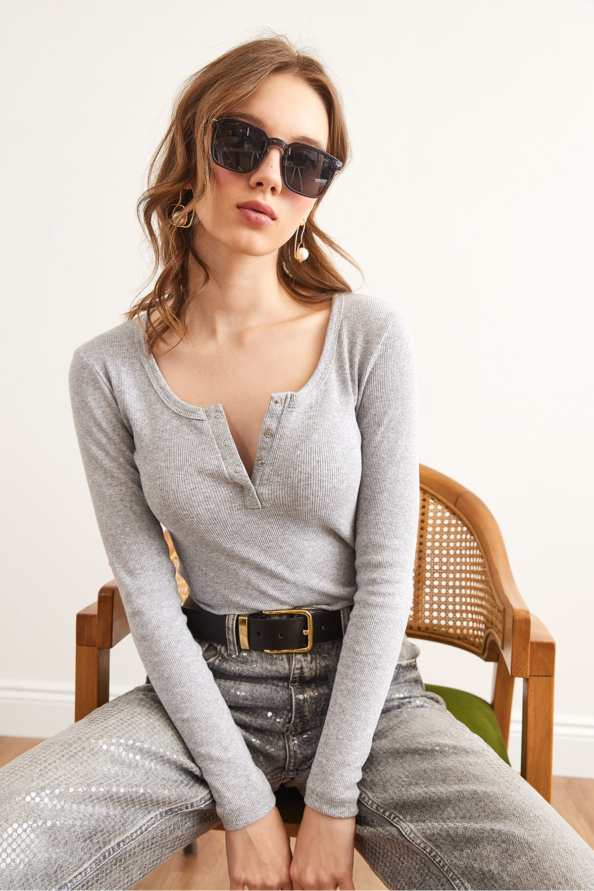 Olalook Kadın Gri Patlı Kaşkorse Bluz BLZ-19000588 görsel 6