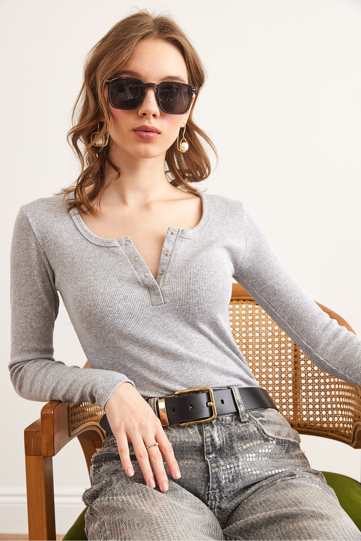 Olalook Kadın Gri Patlı Kaşkorse Bluz BLZ-19000588 görsel 4