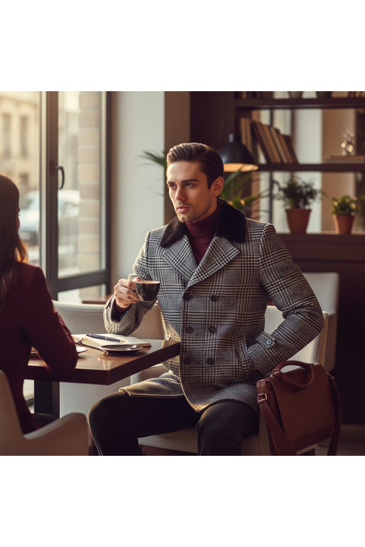 Frappoli Kalın Erkek Ekose Desenli Kaşe Kaban Slim Fit