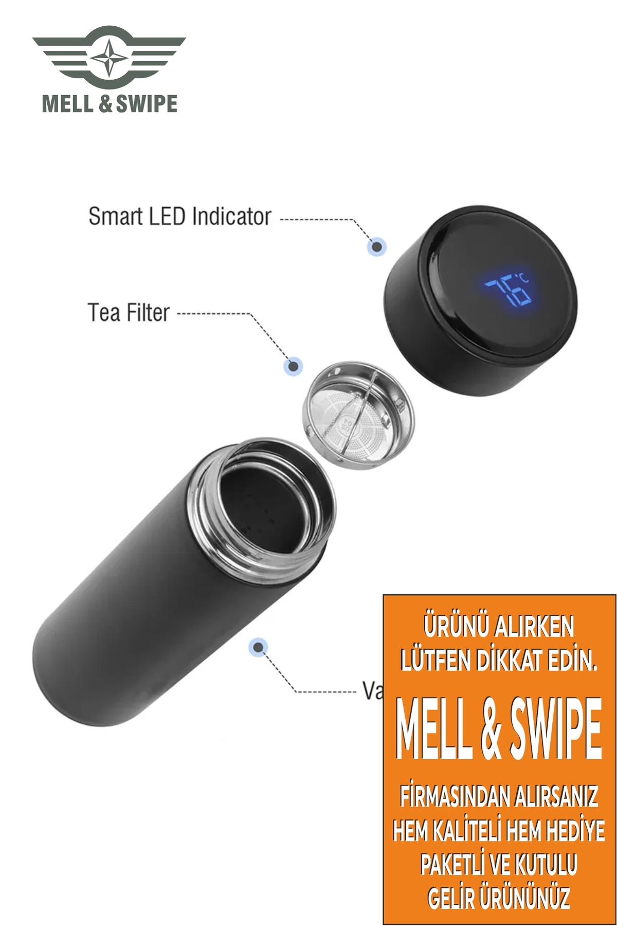 MIL SWIPE Siyah Dereceli Çelik Dijital Led Sıcaklık Göstergeli Akıllı Termos Matara Isim Baskılı 500ml fotoğrafı 2 (önizleme)