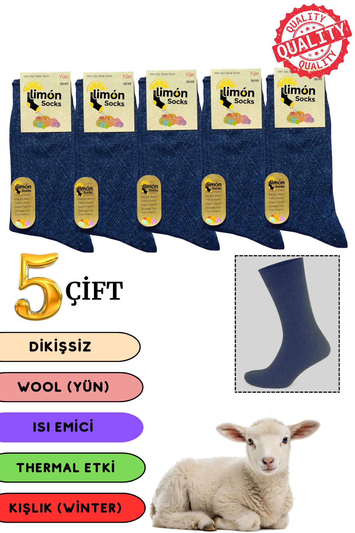 Kışlık Lambswool Yün Çorabı (5 Çift) Kadınlar Için Termal Özellikli (Kuzu Yünlü) Kalın Çorap