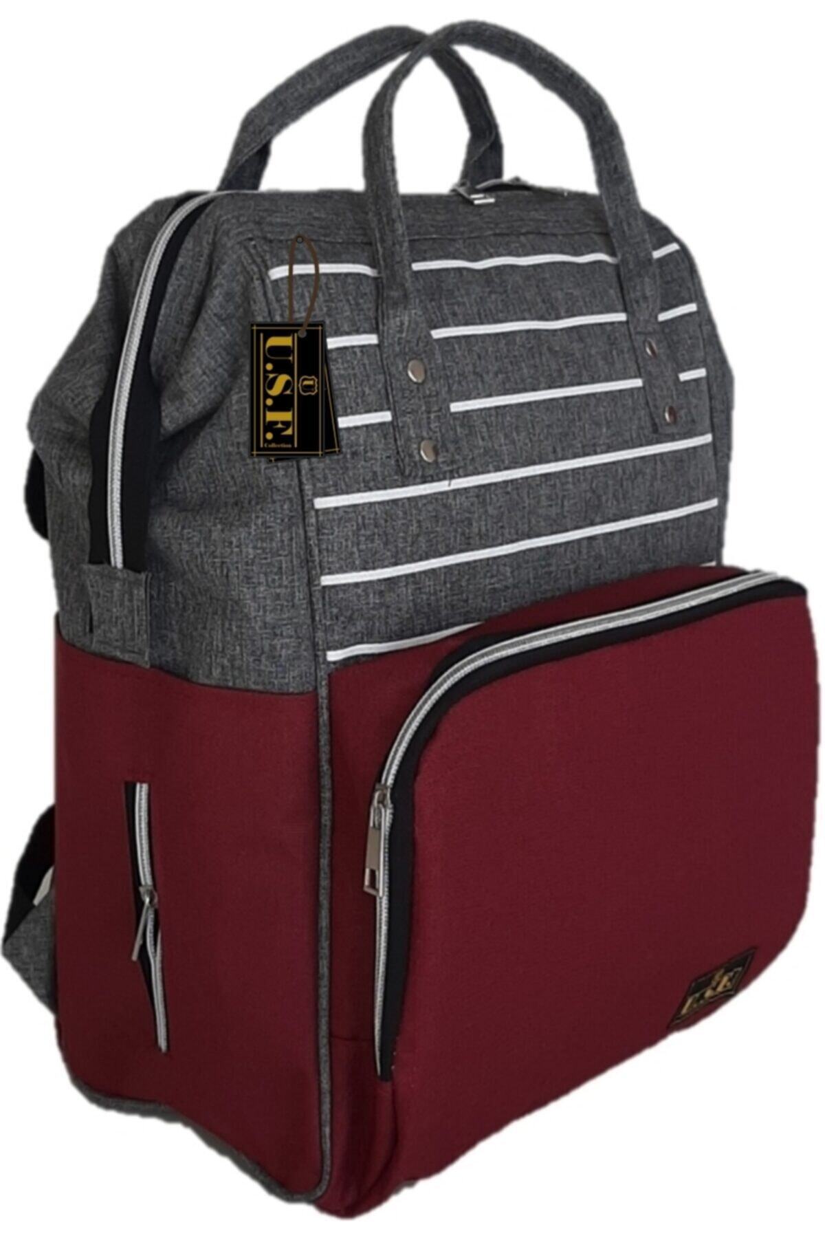 USF Portbebe Ana Kucağı Puset Bebek Taşıma + Anne Bebek Bakım Çantası - Gri - Çizgili Gri Bordo fotoğrafı 4 (önizleme)