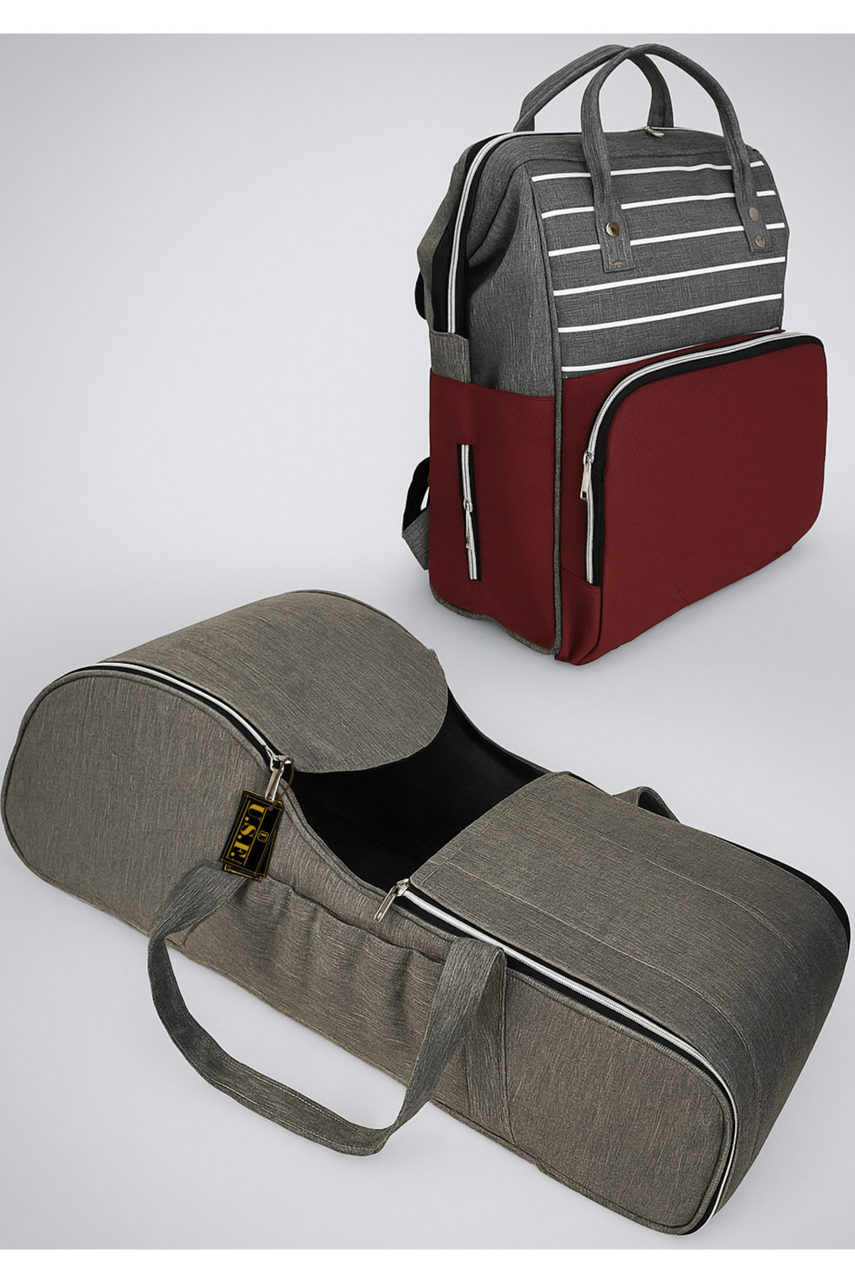 USF Portbebe Ana Kucağı Puset Bebek Taşıma + Anne Bebek Bakım Çantası - Gri - Çizgili Gri Bordo fotoğrafı 6 (önizleme)
