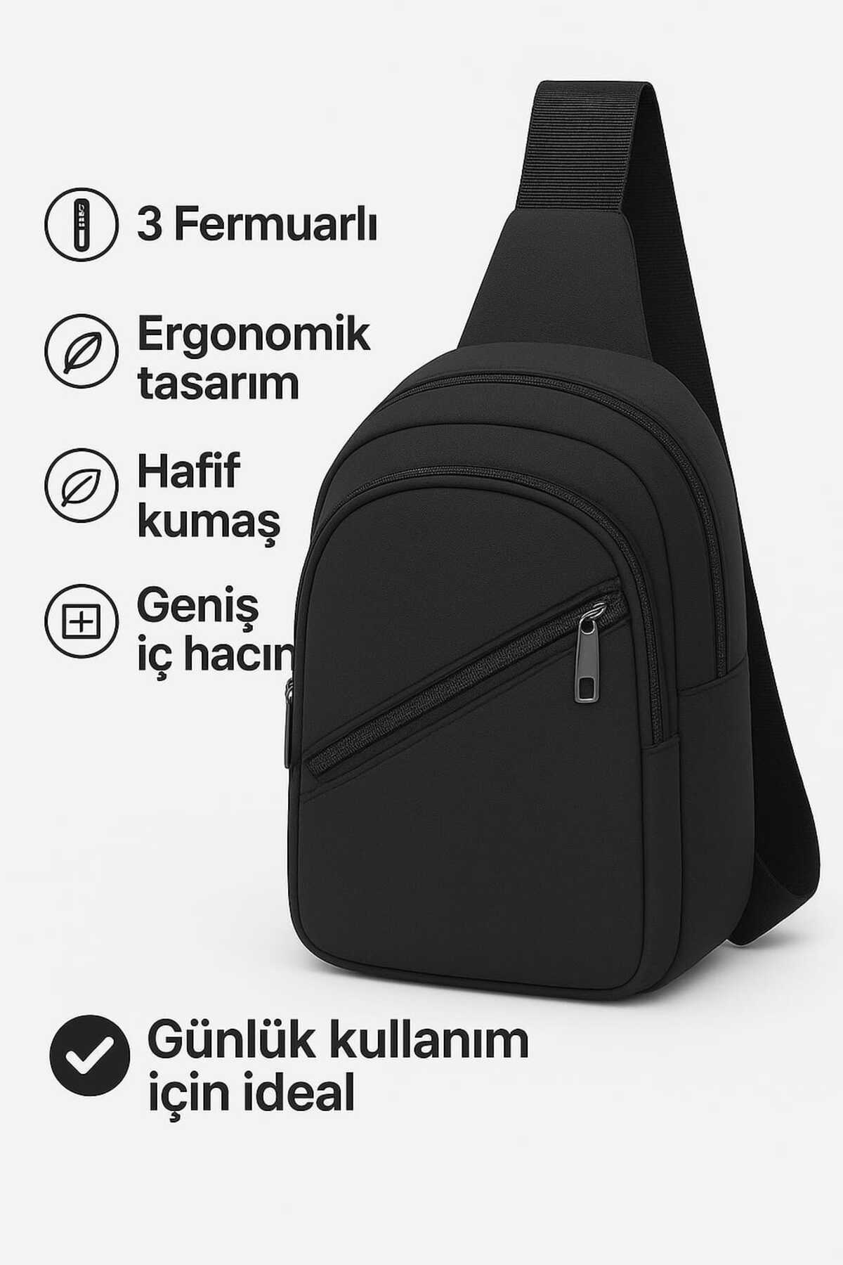Sofia  Unisex 3 Fermuarlı Siyah Hediyelik Üniversitelilere Uygun Günlük Yürüyüş Body Bag Omuz Bel Çantası - Görsel 2