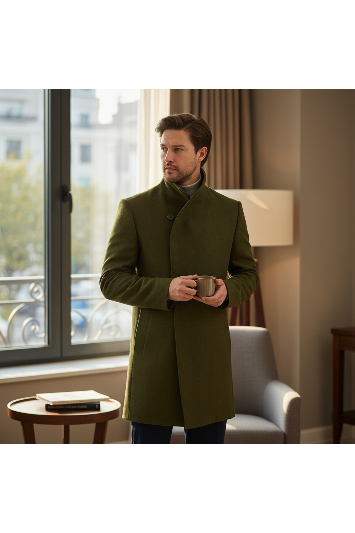 Frappoli  Pagano Erkek Haki Şal Yaka Slim Fit Kaşe Kaban