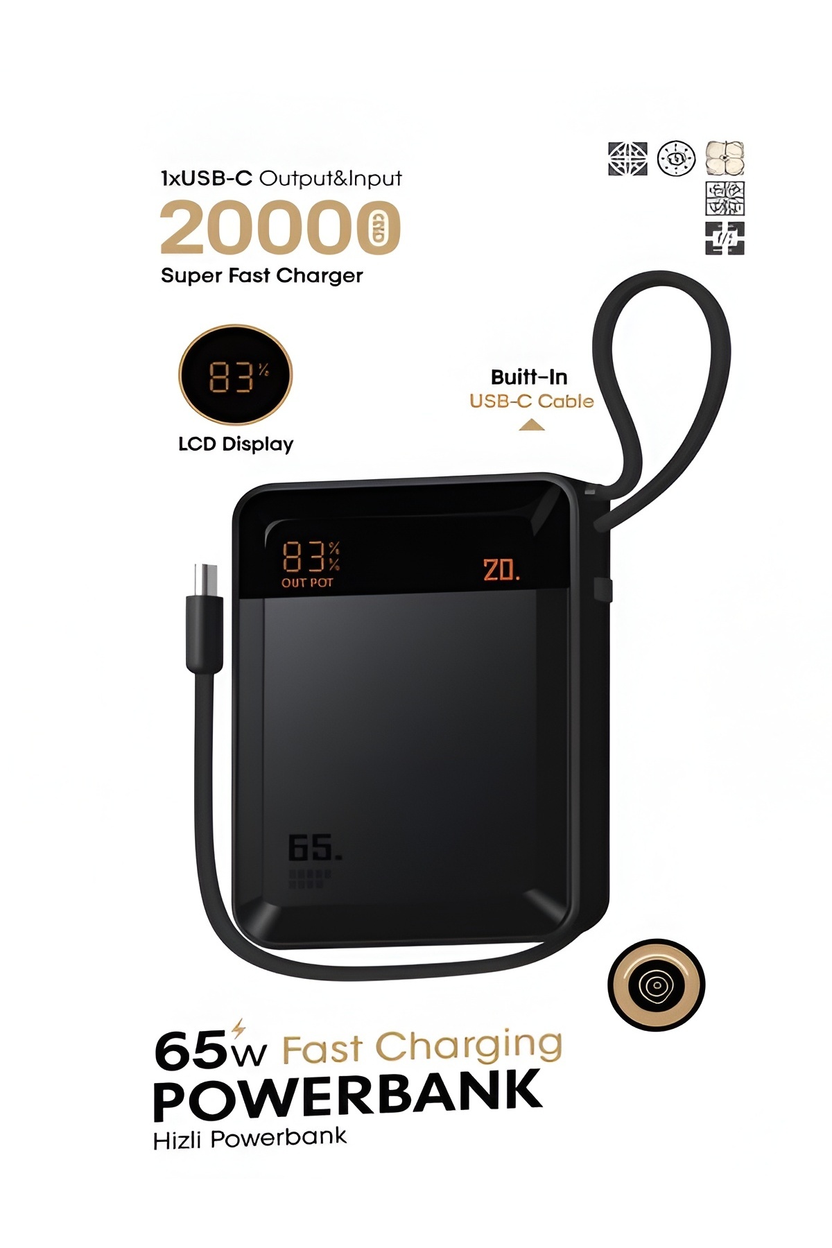 DEANB 20000mAh 65W Hızlı Şarj Dijital göstergeli Type-C Kablolu/Girişli Askılı Powerbank - Siyah