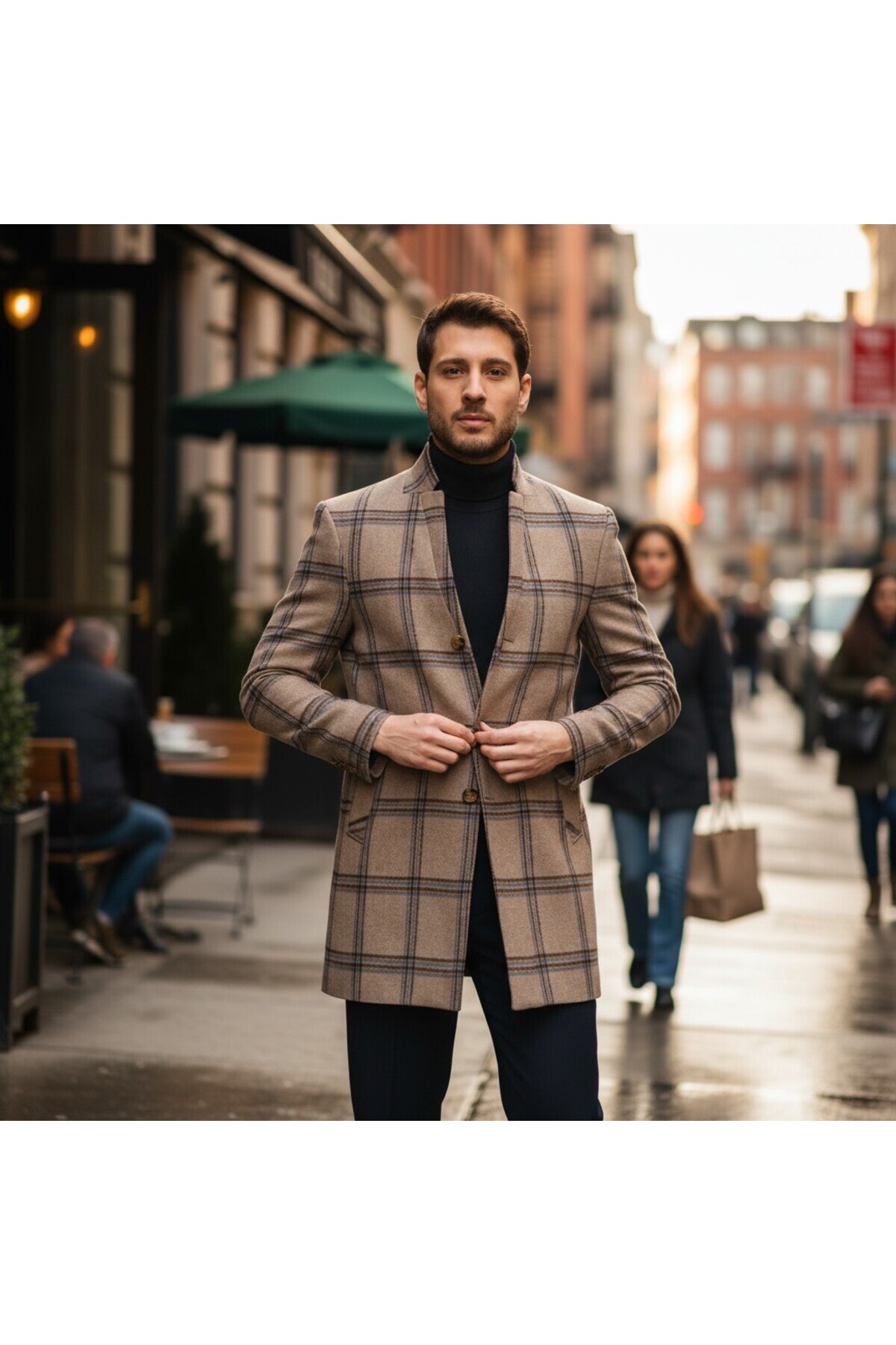 فراپلی پالتو مردانه طرح‌دار مدرن چهارخانه، یقه ایستاده، فیت معمولی، جنس کشمیر ضخیم