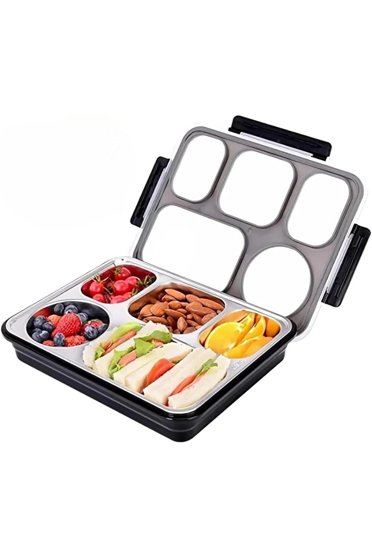 SoyluhanStore Bento 1600ml Lunchbox Tek Katlı 5 Bölmeli Çelik Sefer Tası Yemek Kutusu (Siyah)