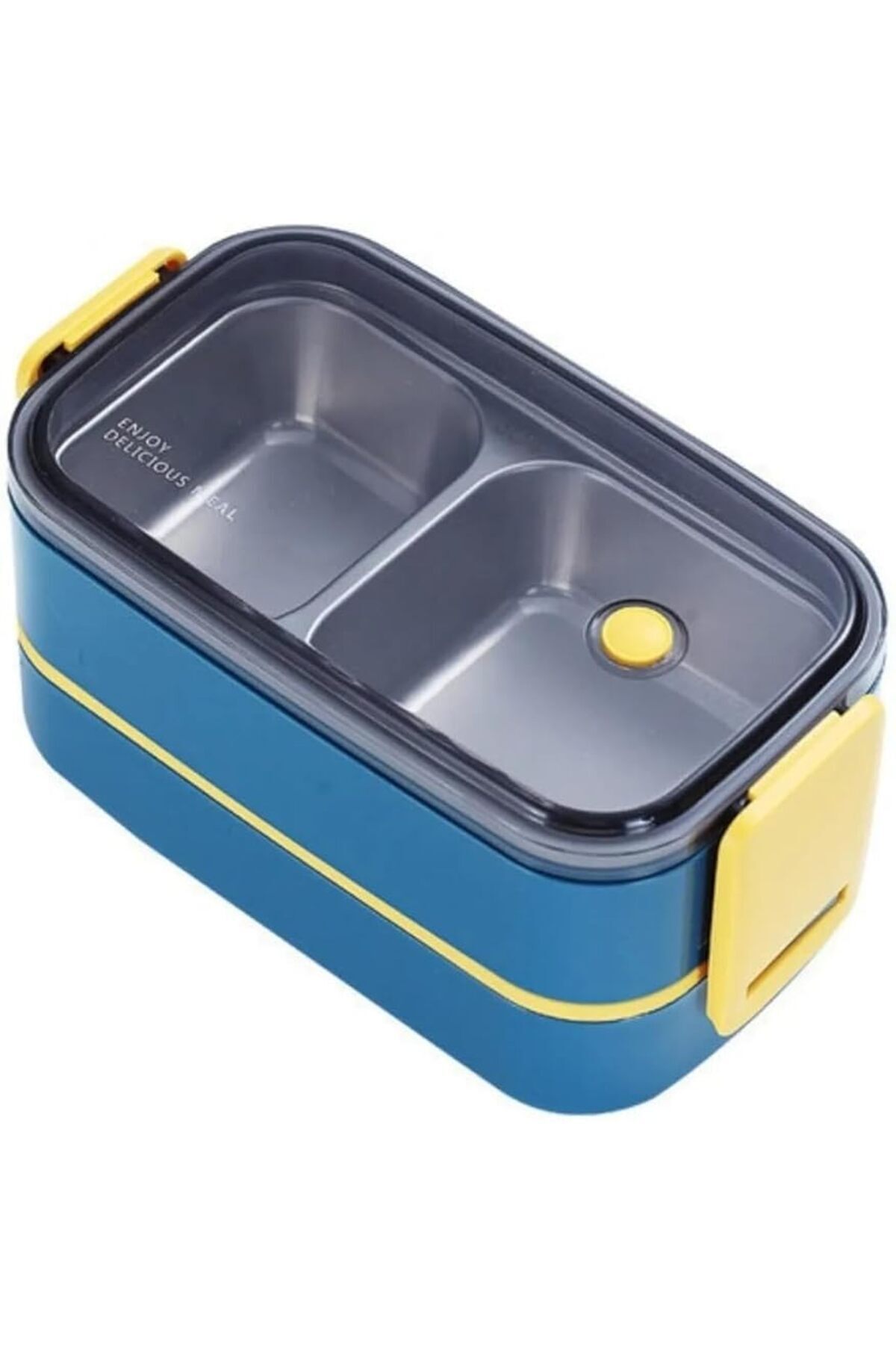 SoyluhanStore Bento 1400ml Lunchbox İki Katlı 2 Bölmeli Çelik Sefer Tası Yemek Kutusu (Lacivert-Sarı)