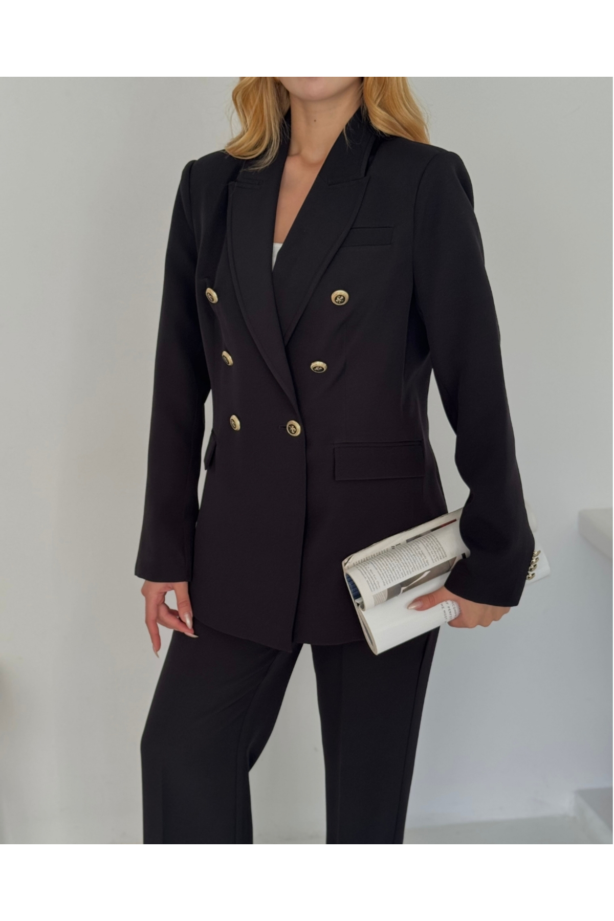 Kadın Siyah Kruvaze düğmeli Blazer Ceket Pantolon Takım