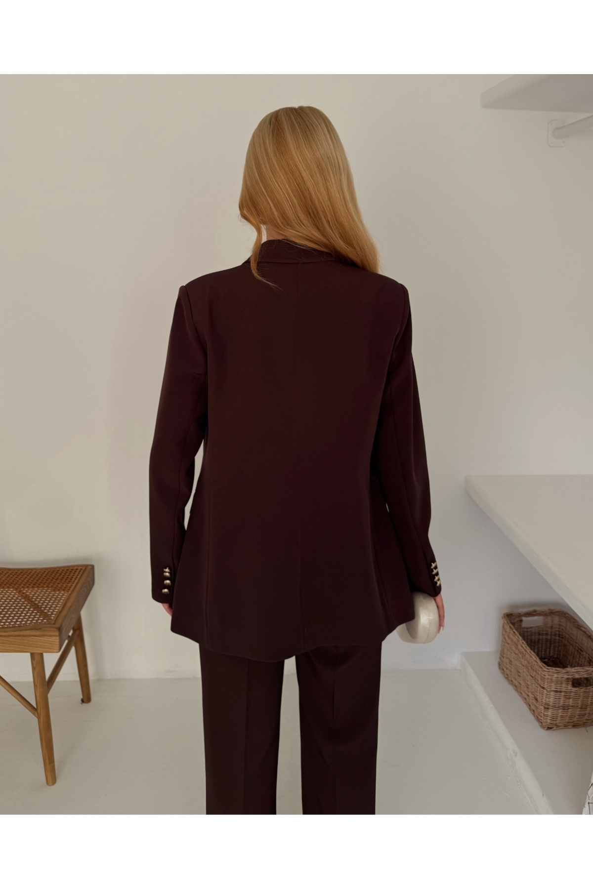 Kadın Acı Kahve Kruvaze düğmeli Blazer Ceket Pantolon Takım