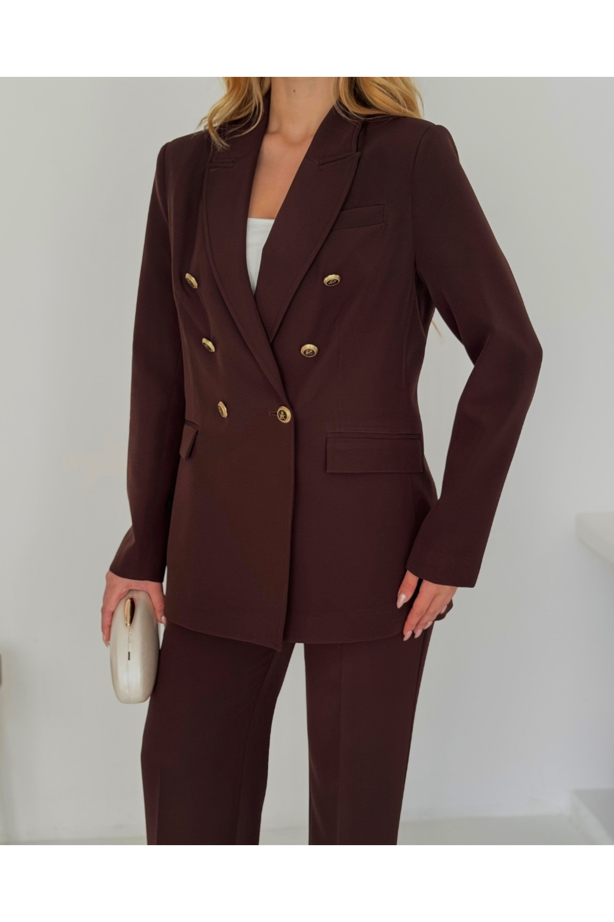 Kadın Acı Kahve Kruvaze düğmeli Blazer Ceket Pantolon Takım