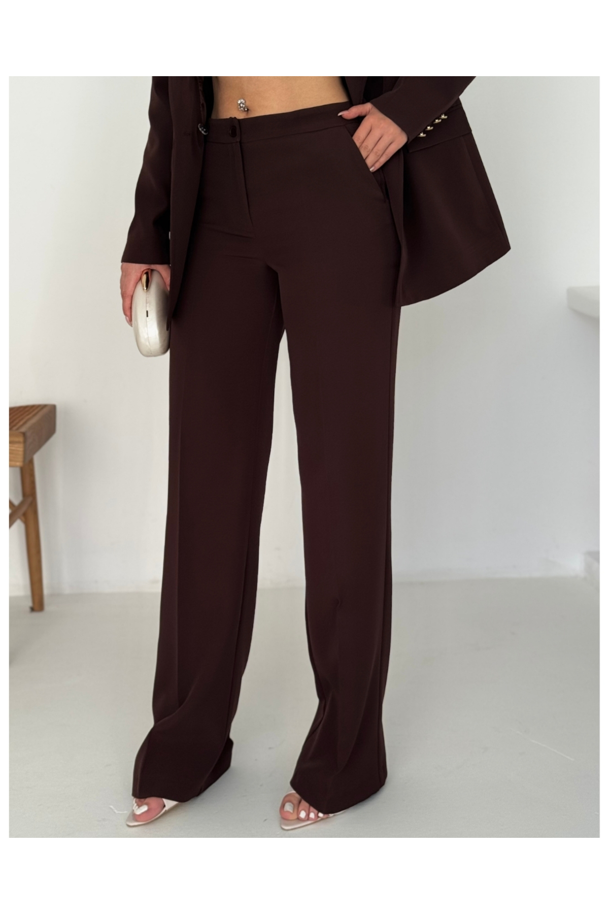 Kadın Acı Kahve Kruvaze düğmeli Blazer Ceket Pantolon Takım